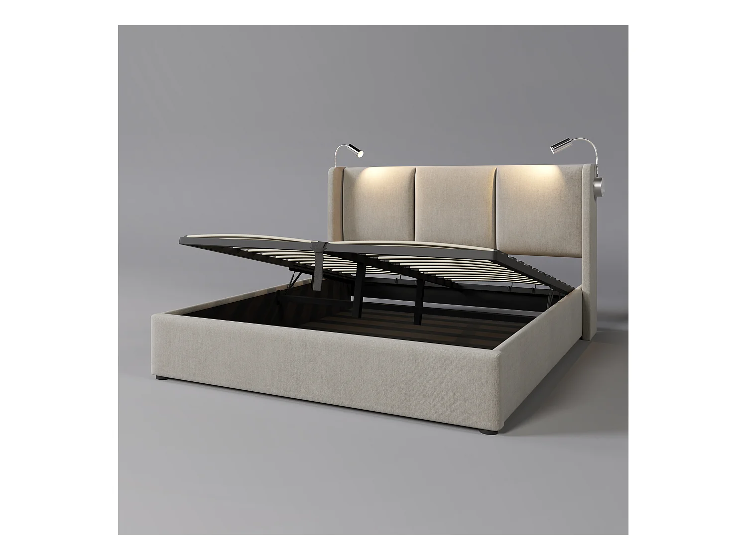 Lit coffre adulte 160x200cm beige en lin avec liseuse et USB, Sommier à lattes, sans matelas