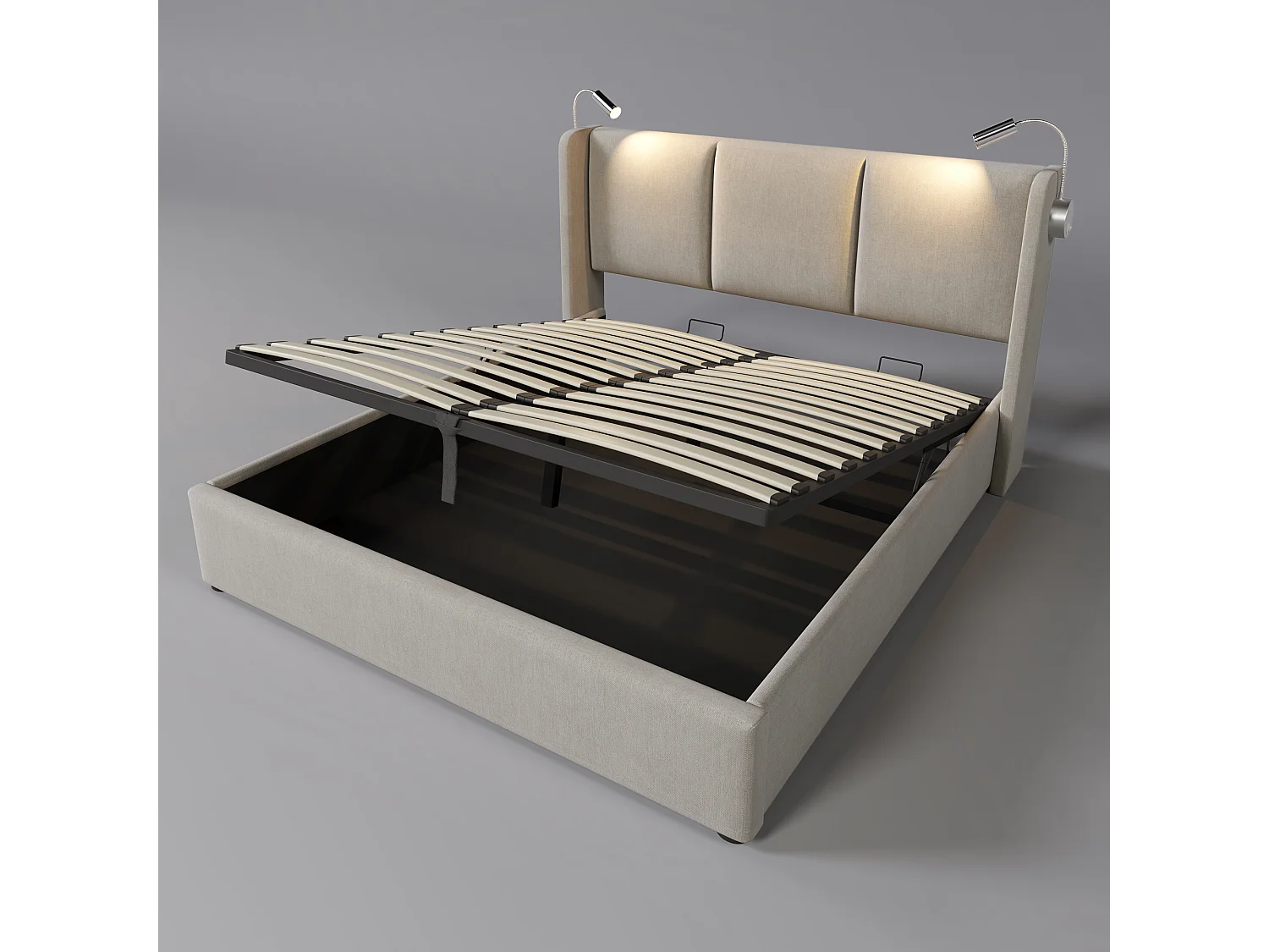 Lit coffre adulte 160x200cm beige en lin avec liseuse et USB, Sommier à lattes, sans matelas