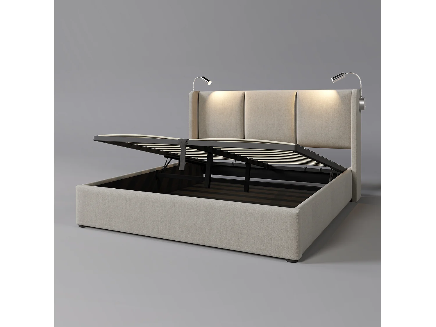 Lit coffre adulte 160x200cm beige en lin avec liseuse et USB, Sommier à lattes, sans matelas