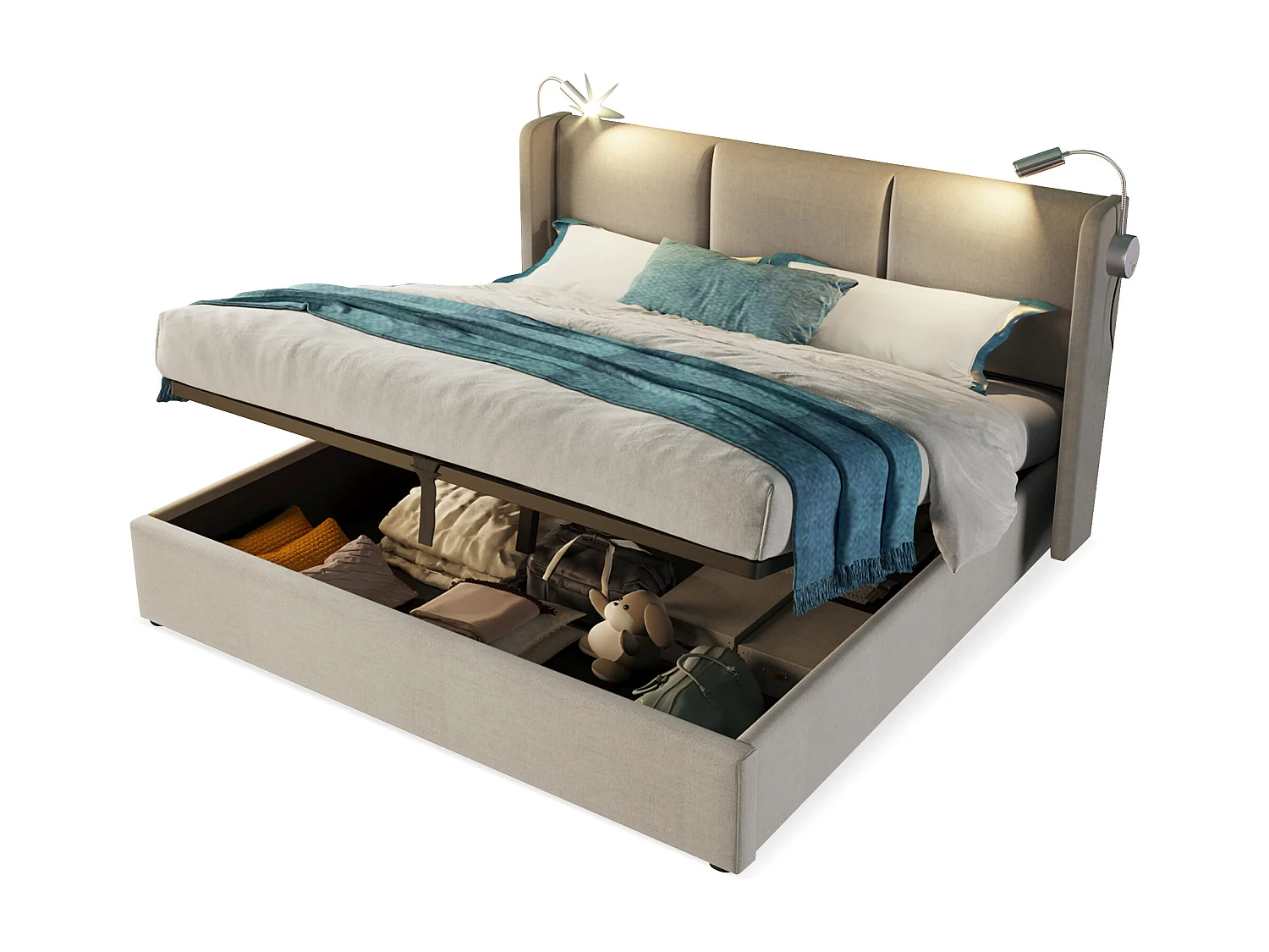 Lit coffre adulte 160x200cm beige en lin avec liseuse et USB, Sommier à lattes, sans matelas