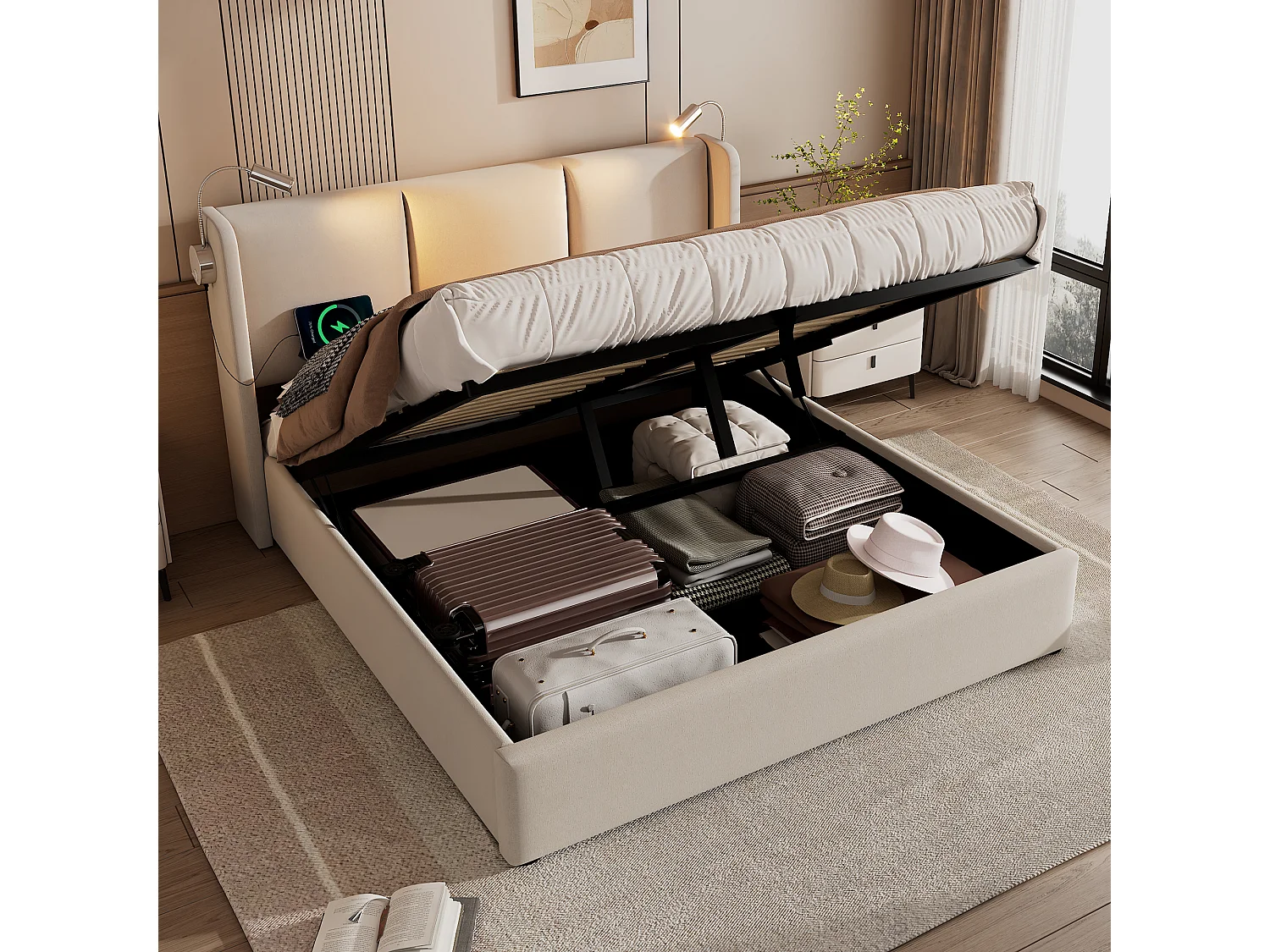 Lit coffre adulte 160x200cm beige en lin avec liseuse et USB, Sommier à lattes, sans matelas