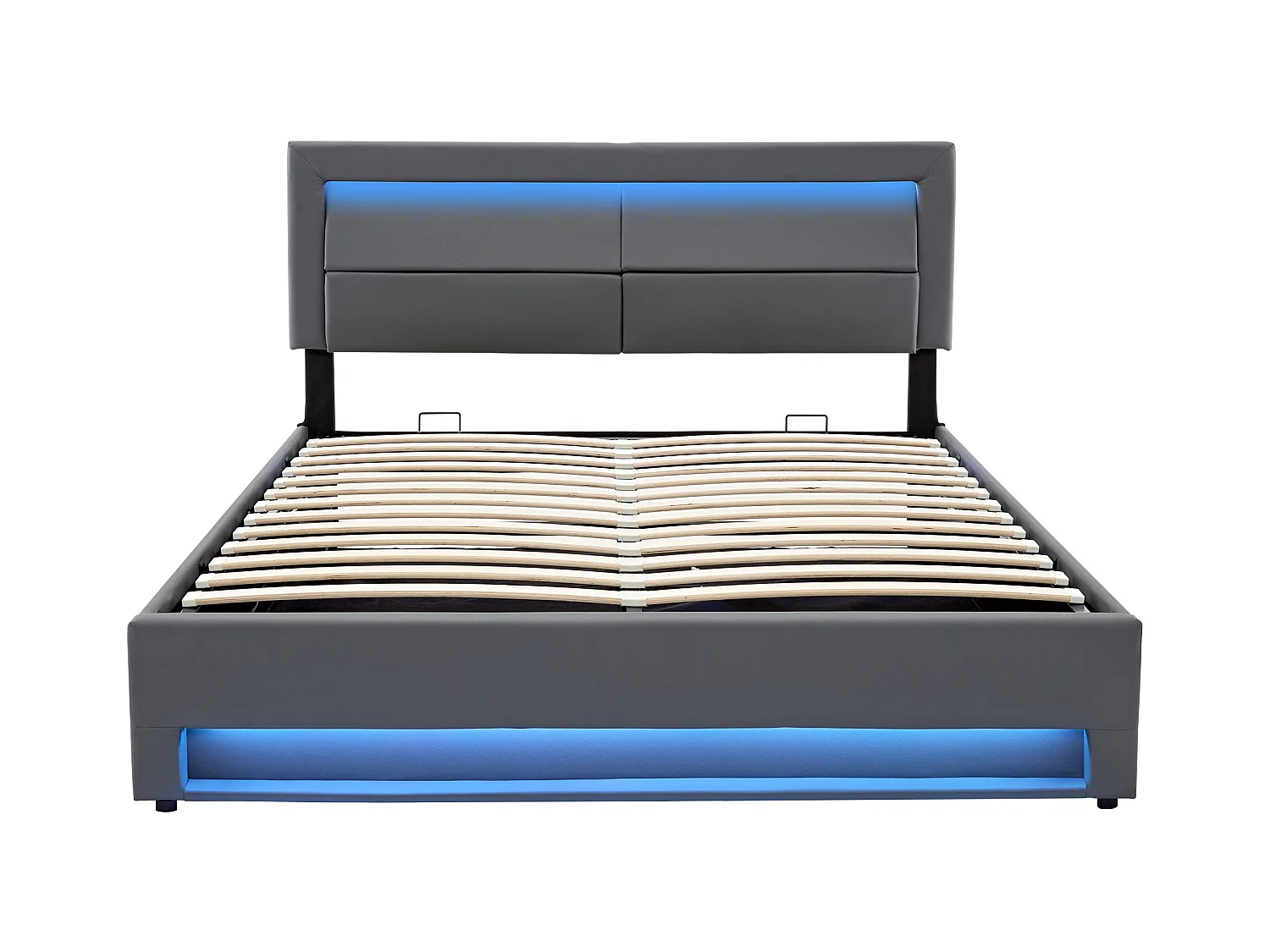 Lit coffre adulte 160x200 cm gris en pu avec port USB + LED, Sommier à lattes, sans matelas