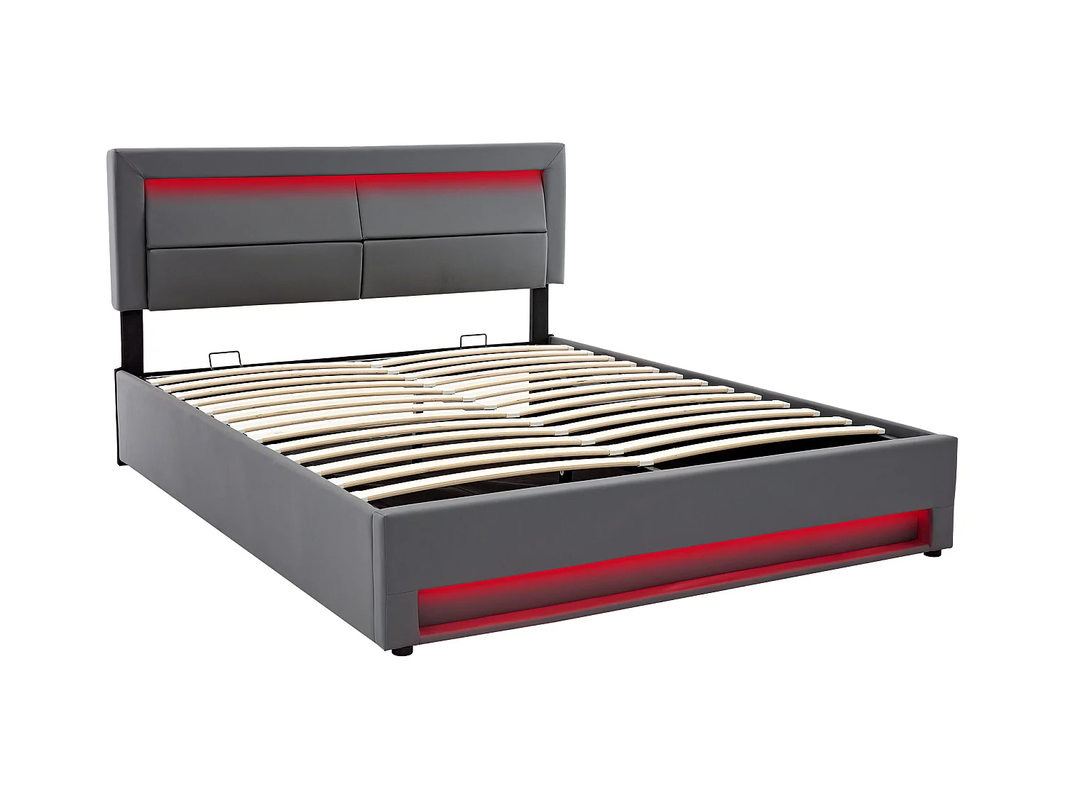 Lit coffre adulte 160x200 cm gris en pu avec port USB + LED, Sommier à lattes, sans matelas