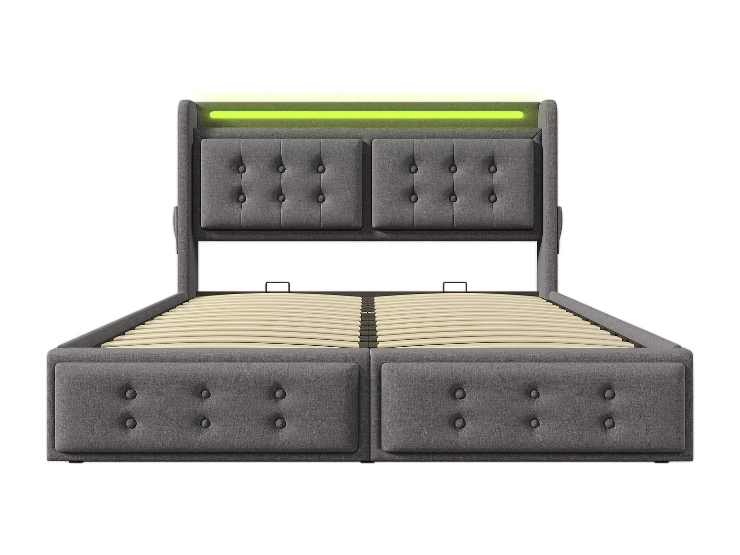 Letto contenitore 180x200 cm grigio con LED e porta USB-C, cotone e lino, rete a doghe, senza materasso