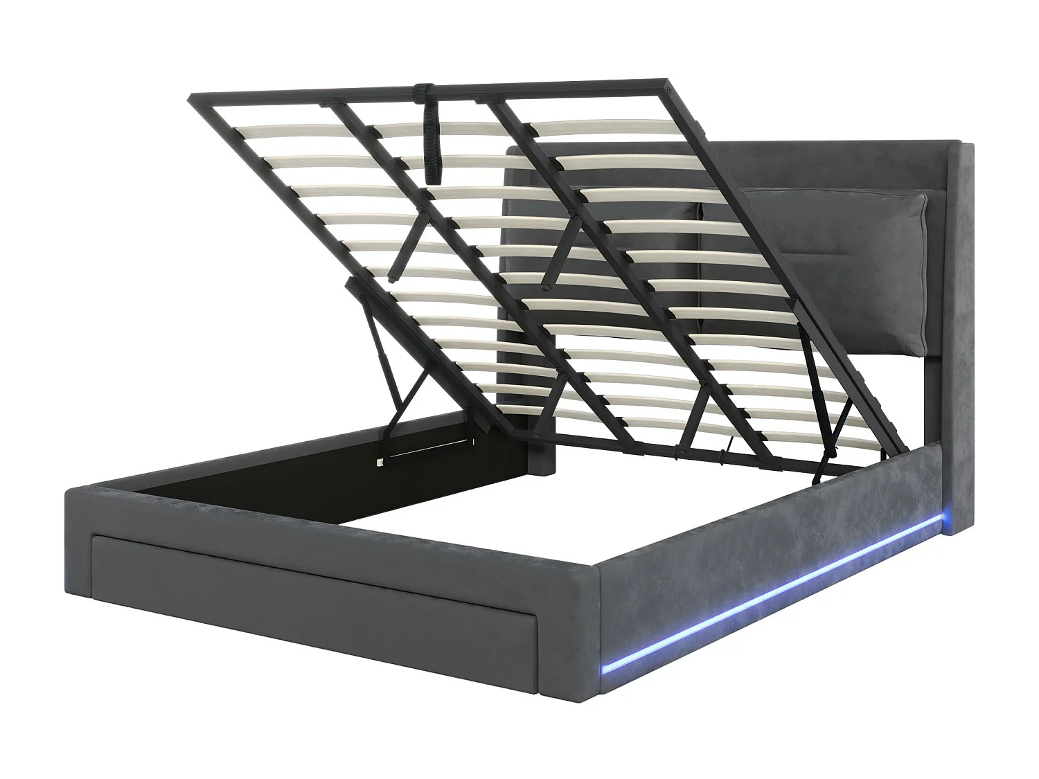 Opbergbed 180x200 cm in grijs fluweel met lade en LED-verlichting, zonder matras