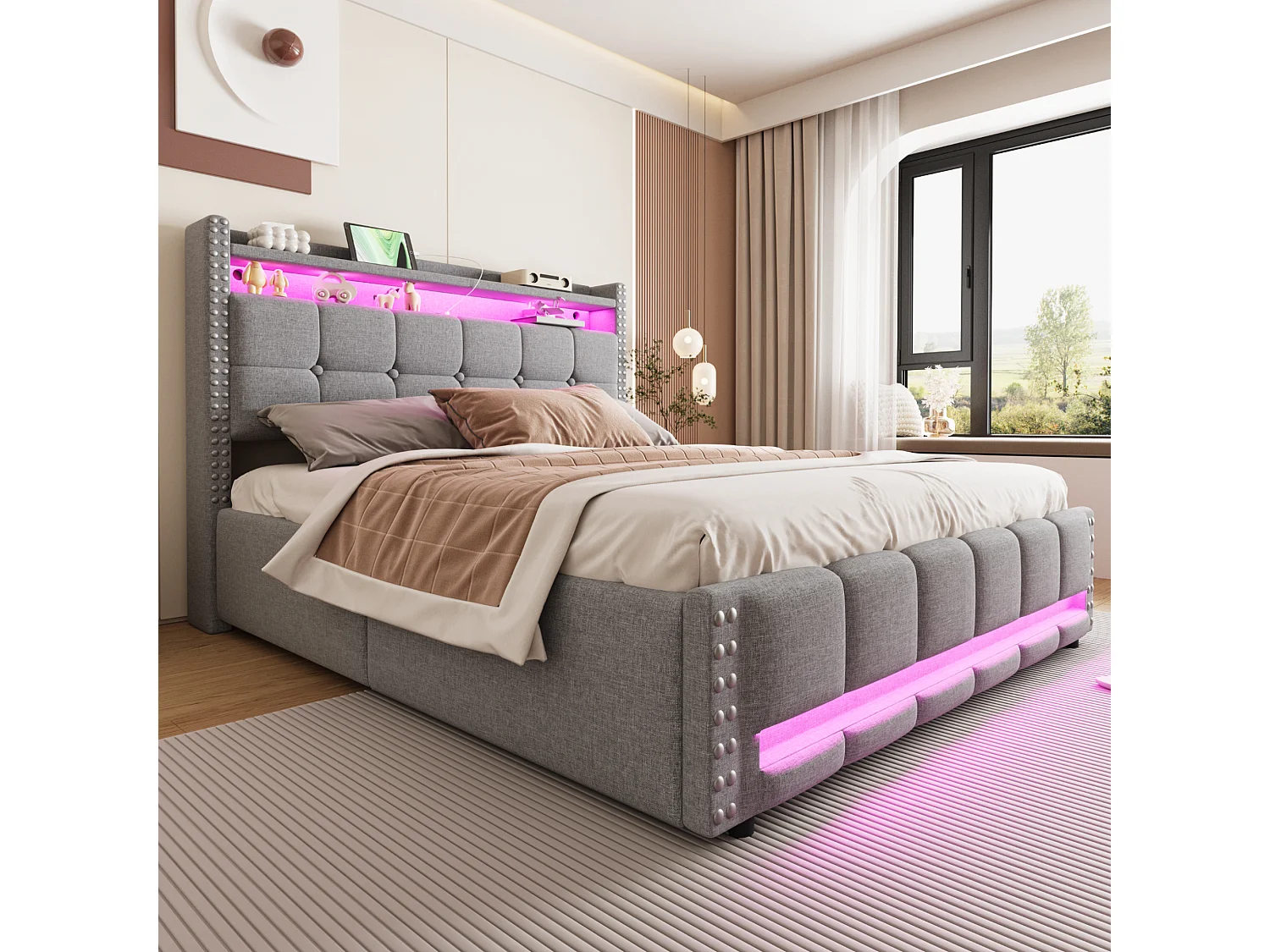 Lit 160x200 cm, lit coffre adulte avec LED + prise USB, lin, Sommier à lattes, sans matelas, gris clair
