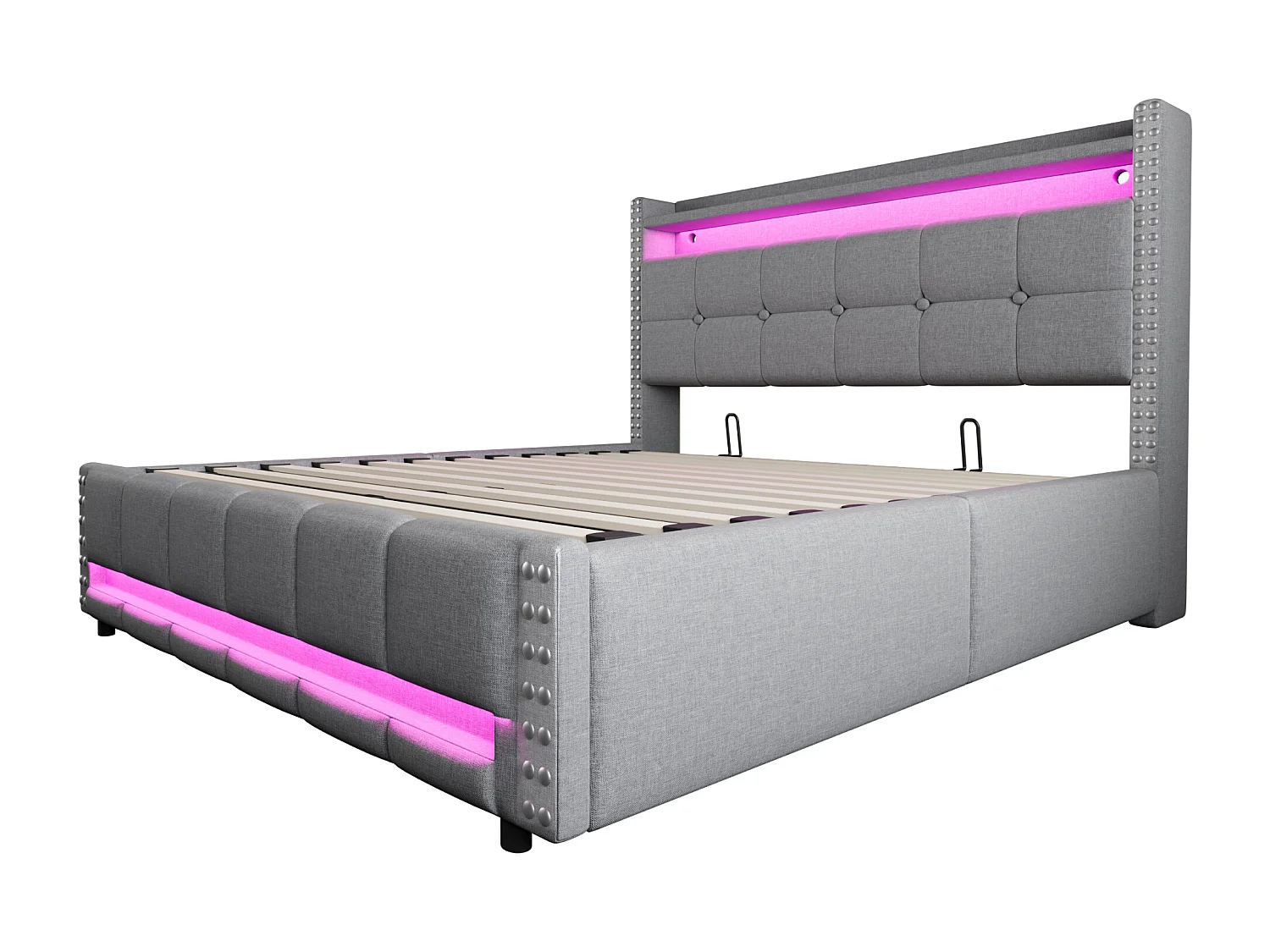 Lit 160x200 cm, lit coffre adulte avec LED + prise USB, lin, Sommier à lattes, sans matelas, gris clair