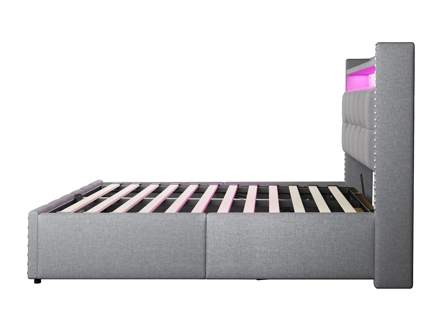 Lit 160x200 cm, lit coffre adulte avec LED + prise USB, lin, Sommier à lattes, sans matelas, gris clair