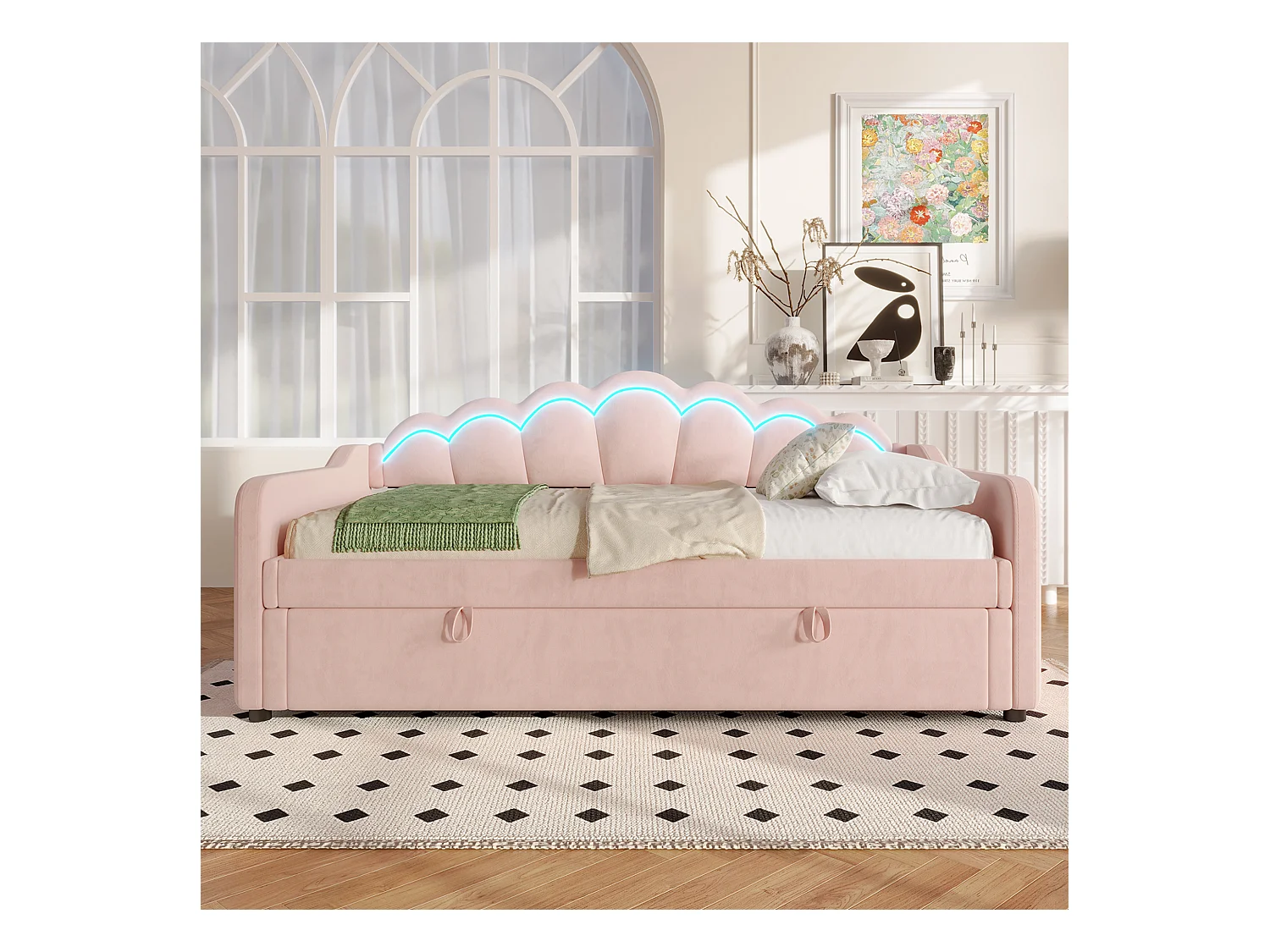 Letto contenitore per bambini 90x200 cm rosa in velluto con LED, rete a doghe, senza materasso
