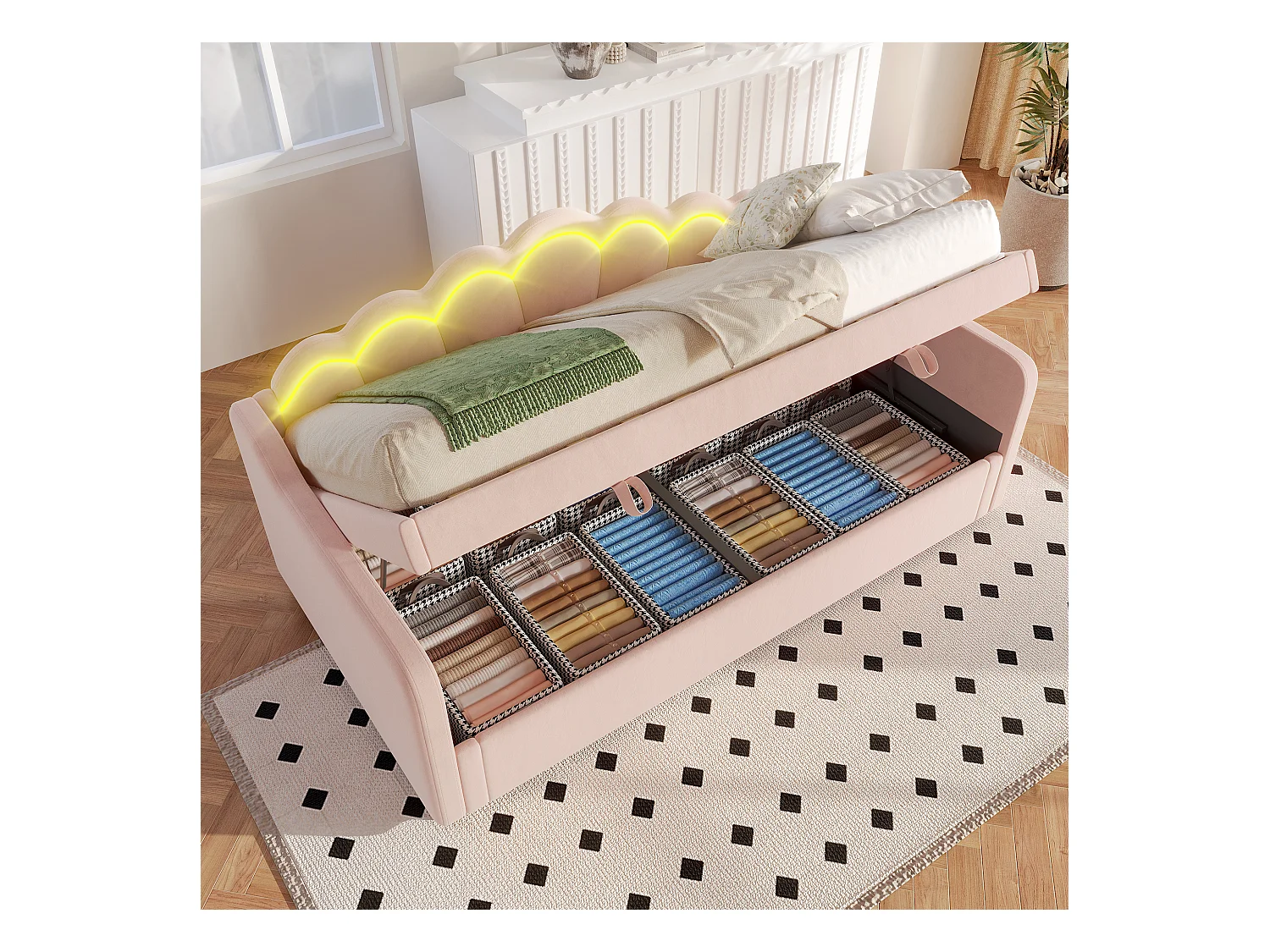 Kinderopbergbed 90x200 cm roze van fluweel met LED, lattenbodem, zonder matras