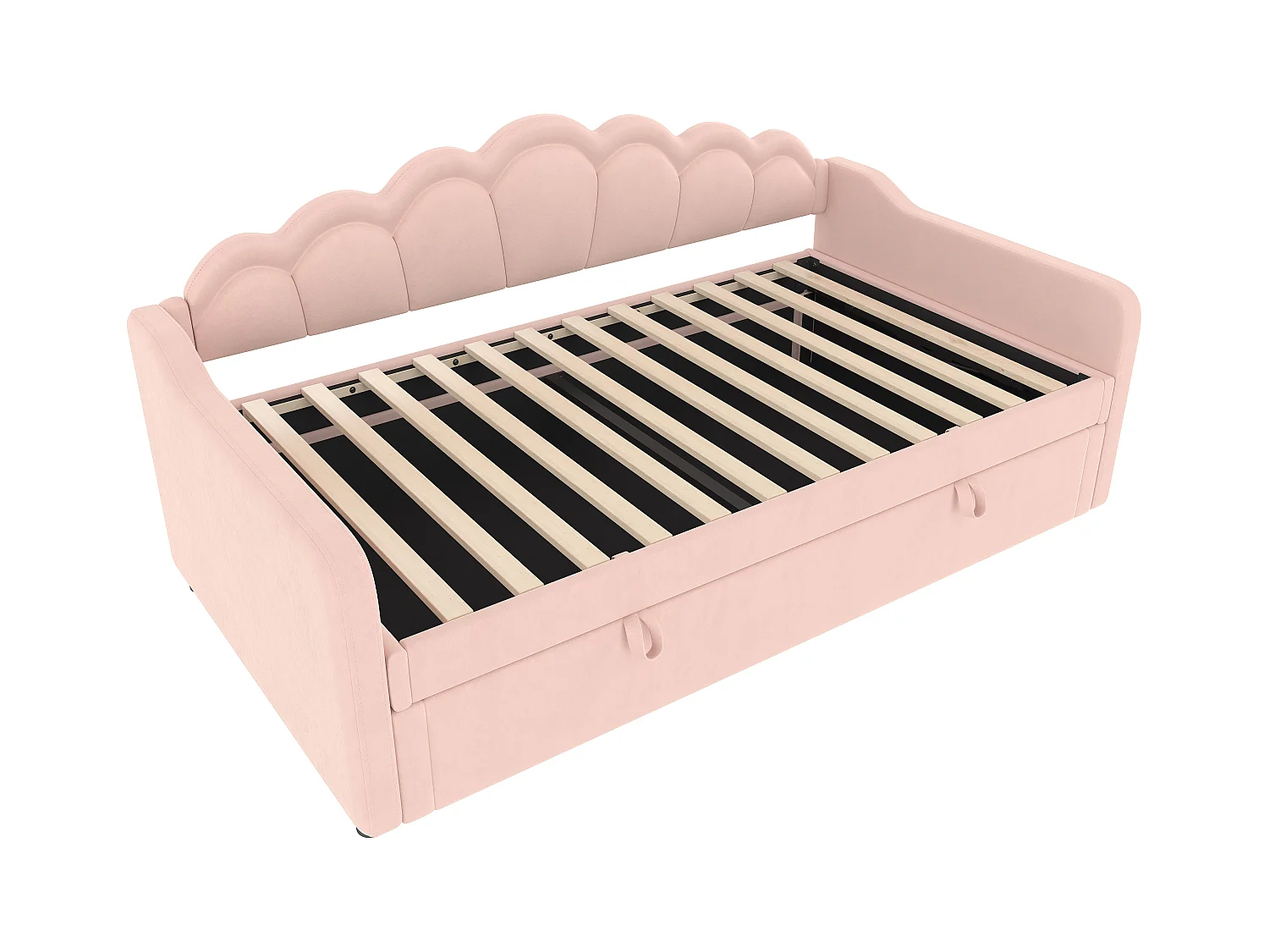 Lit coffre enfant 90x200cm rose en velours avec LED, Sommier à lattes, sans matelas