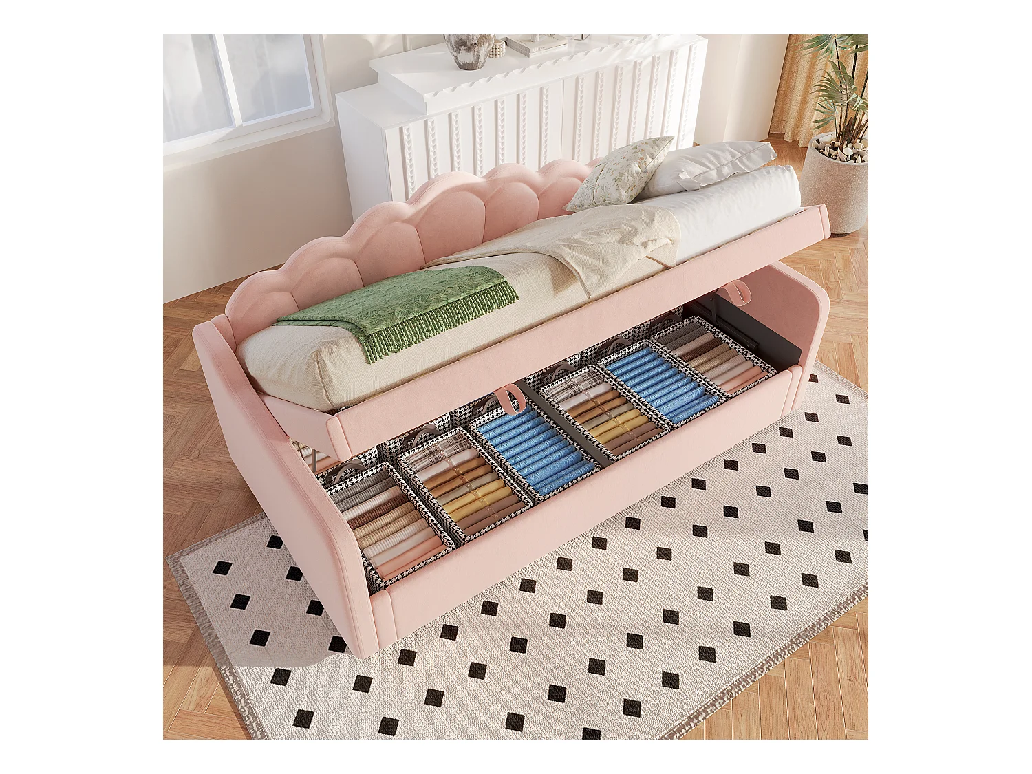 Lit coffre enfant 90x200cm rose en velours avec LED, Sommier à lattes, sans matelas