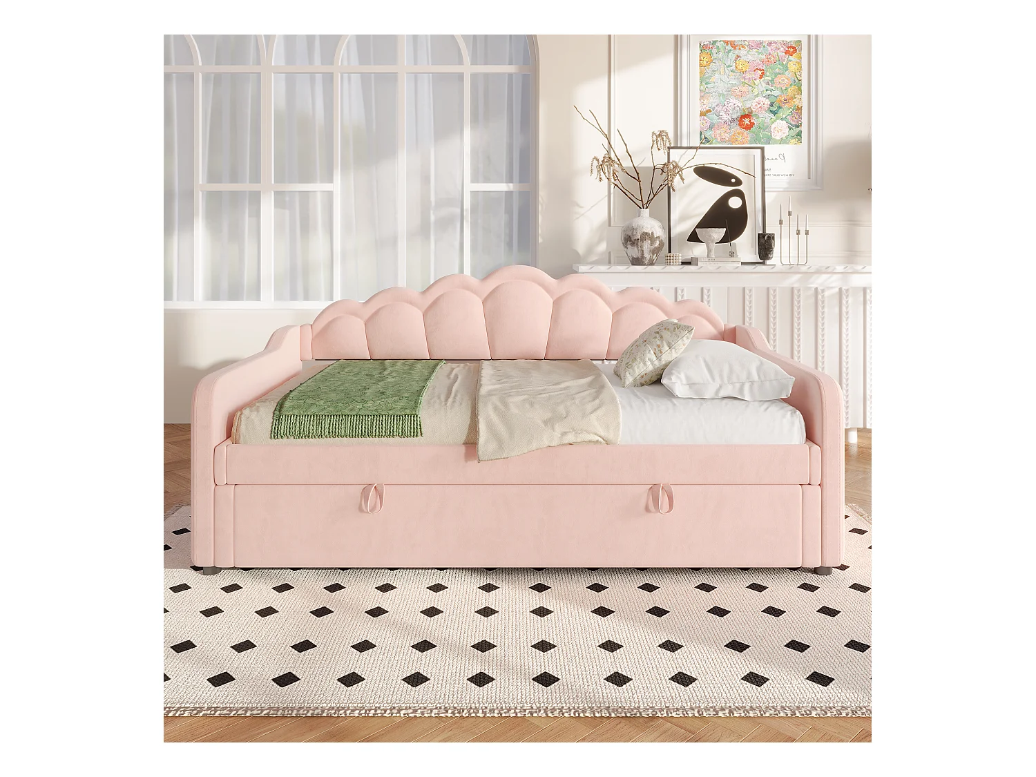 Lit coffre enfant 90x200cm rose en velours avec LED, Sommier à lattes, sans matelas