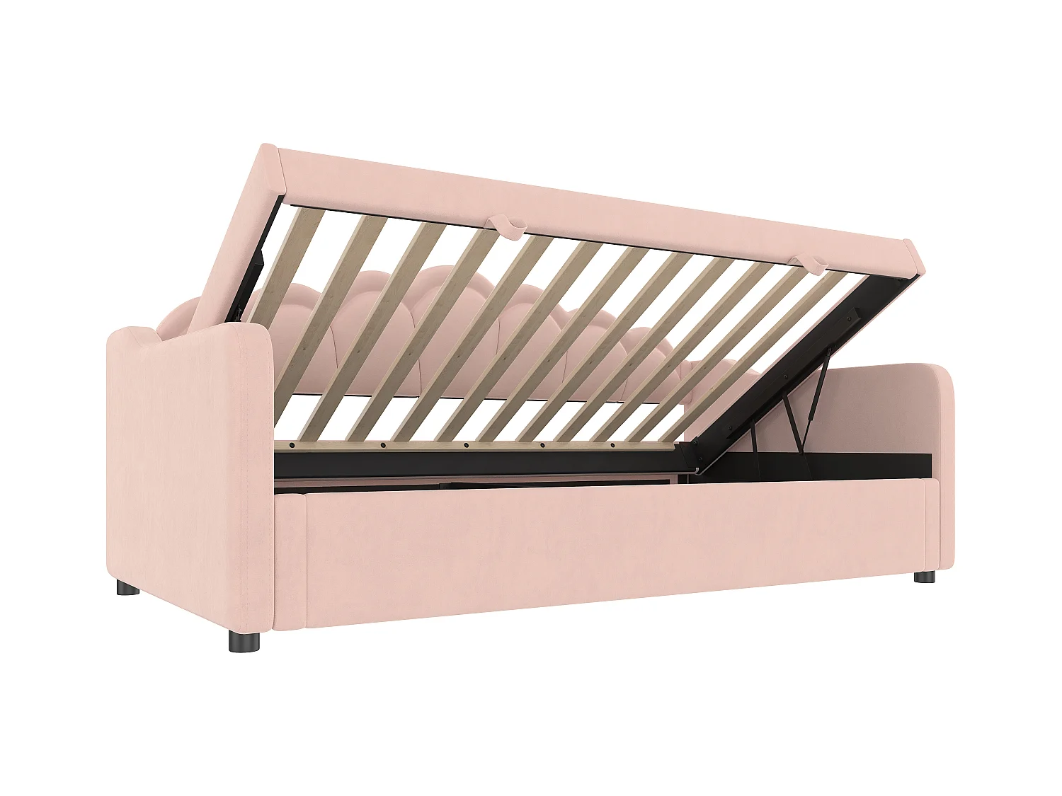 Lit coffre enfant 90x200cm rose en velours avec LED, Sommier à lattes, sans matelas