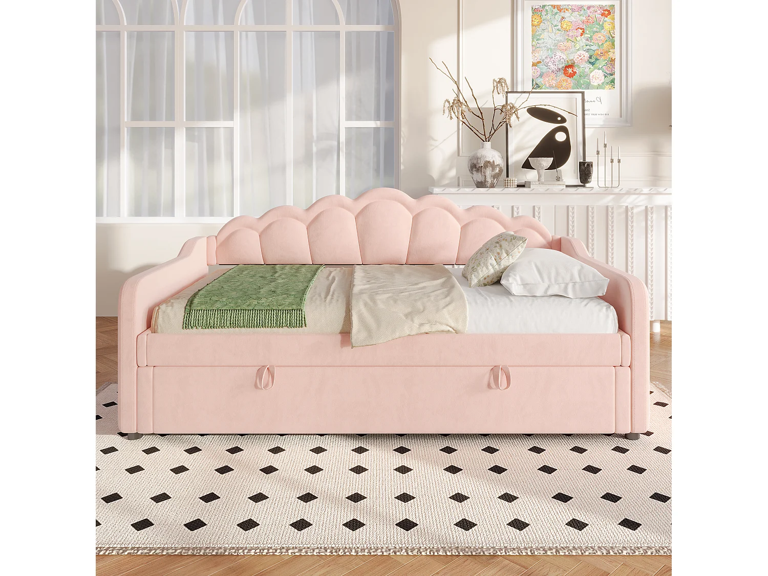 Lit coffre enfant 90x200cm rose en velours avec LED, Sommier à lattes, sans matelas