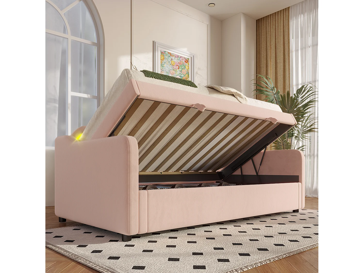 Lit coffre enfant 90x200cm rose en velours avec LED, Sommier à lattes, sans matelas