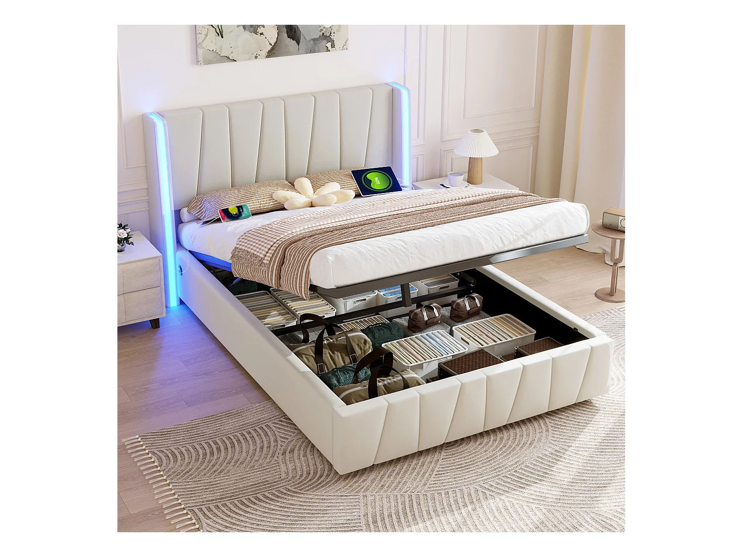 Lit coffre adulte 160x200cm avec LED + port USB sur le côté, velours, sans matelas, beige