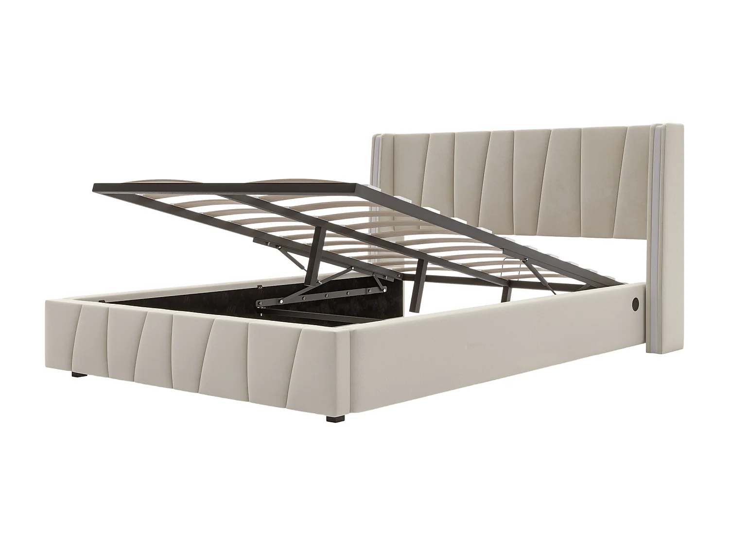 Lit coffre adulte 160x200cm avec LED + port USB sur le côté, velours, sans matelas, beige