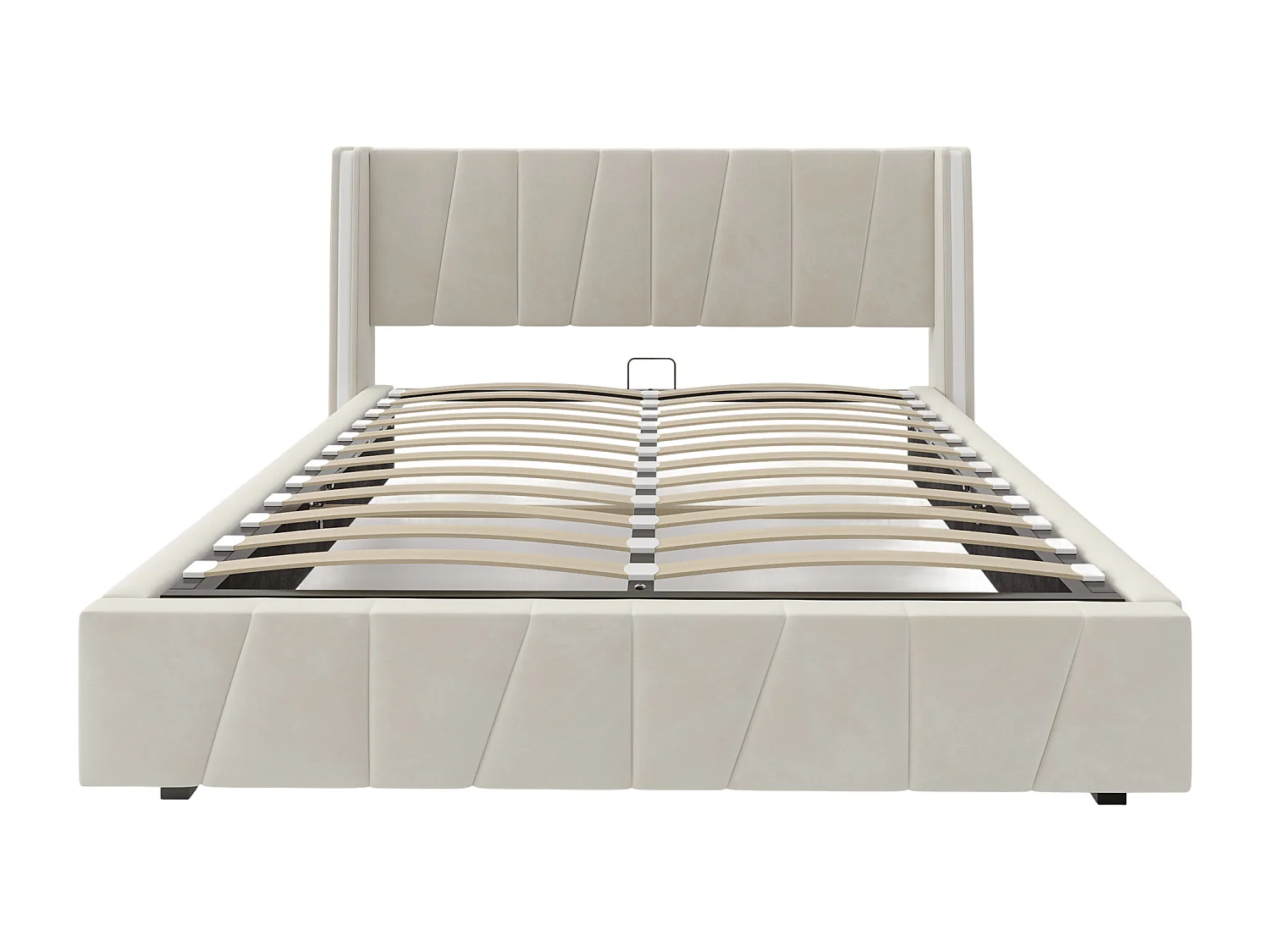 Lit coffre adulte 160x200cm avec LED + port USB sur le côté, velours, sans matelas, beige