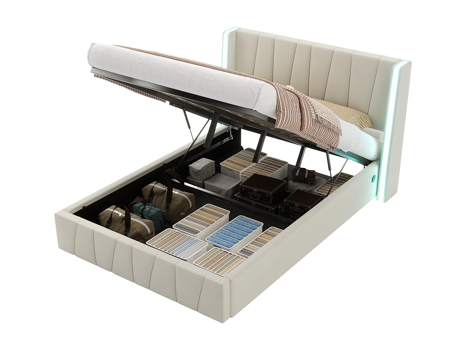 Lit coffre adulte 160x200cm avec LED + port USB sur le côté, velours, sans matelas, beige