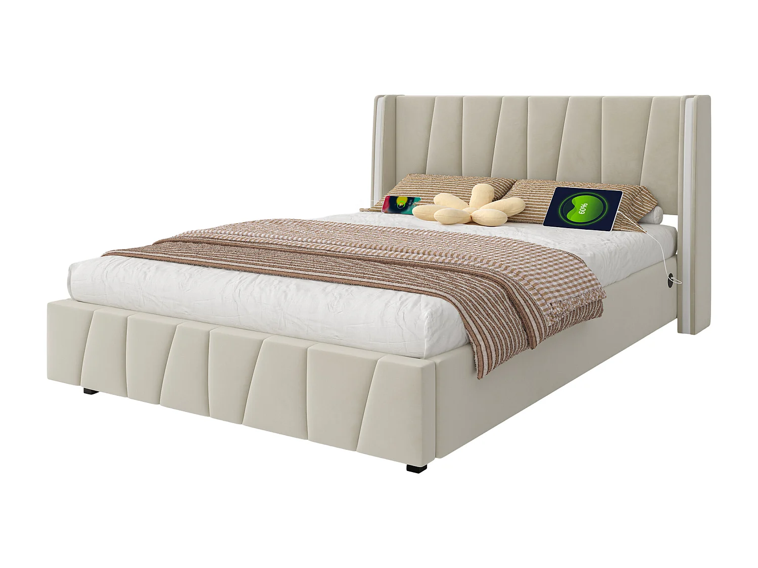 Lit coffre adulte 160x200cm avec LED + port USB sur le côté, velours, sans matelas, beige