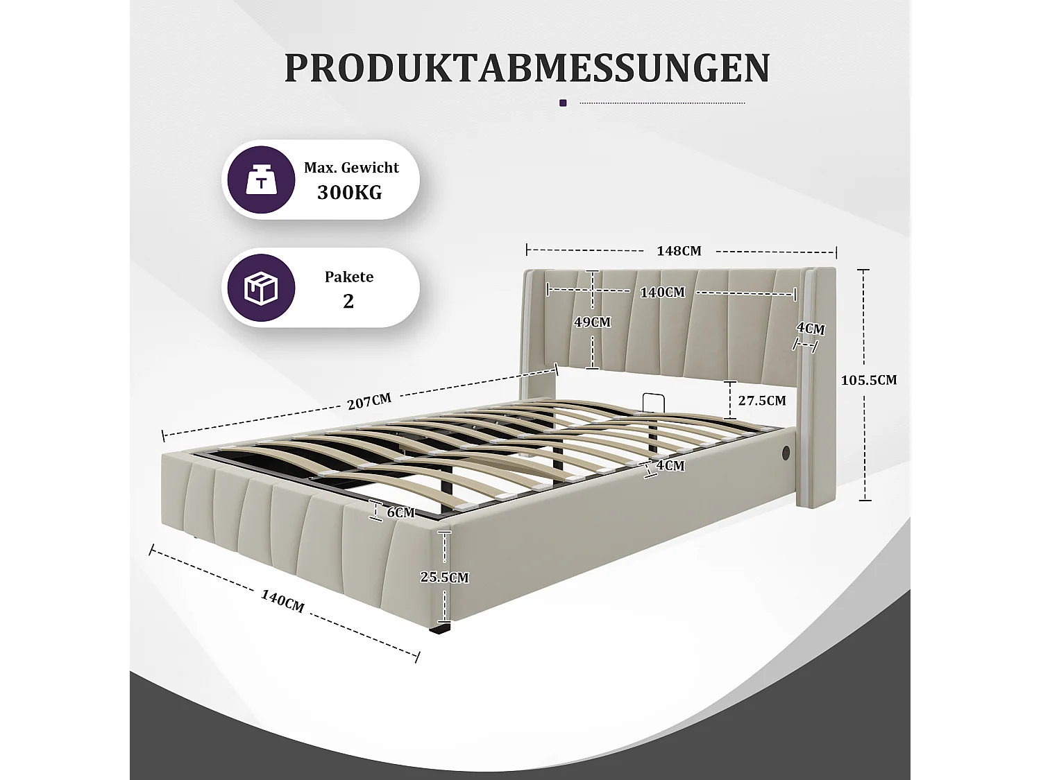 Lit coffre adulte 140x200cm avec LED + port USB sur le côté, velours, sans matelas, beige