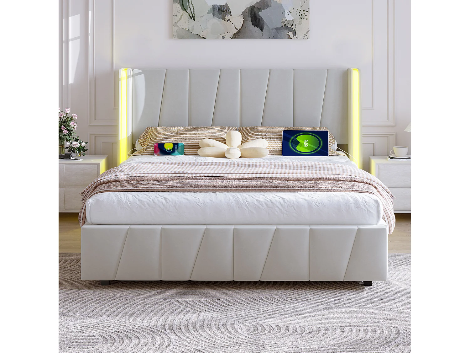 Lit coffre adulte 140x200cm avec LED + port USB sur le côté, velours, sans matelas, beige