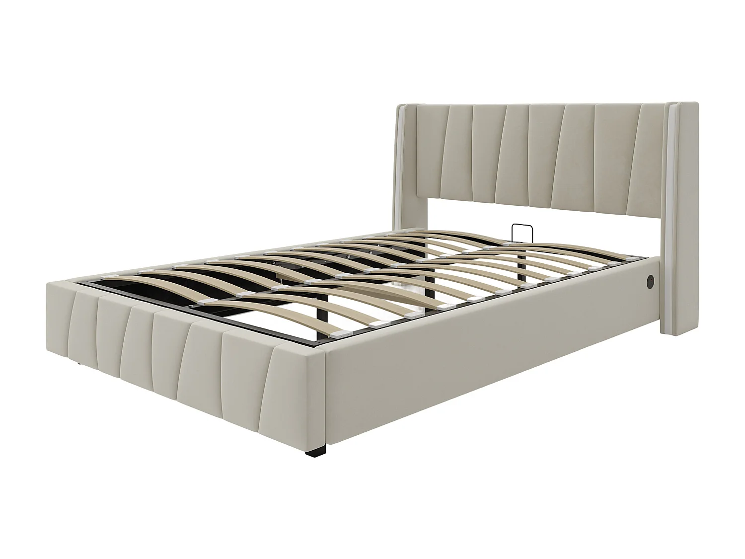 Lit coffre adulte 140x200cm avec LED + port USB sur le côté, velours, sans matelas, beige