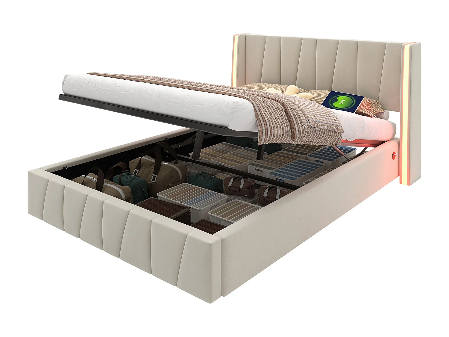Lit coffre adulte 140x200cm avec LED + port USB sur le côté, velours, sans matelas, beige