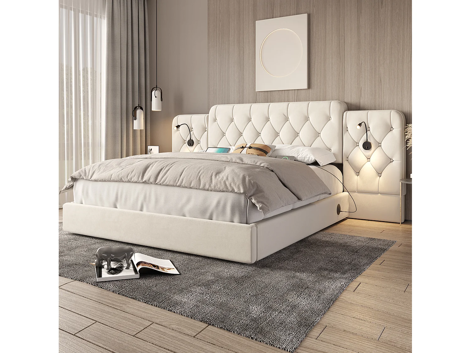 Lit coffre adulte 180x200cm avec deux côtés USB + liseuse, tête de lit élargie, sans matelas, velours, beige