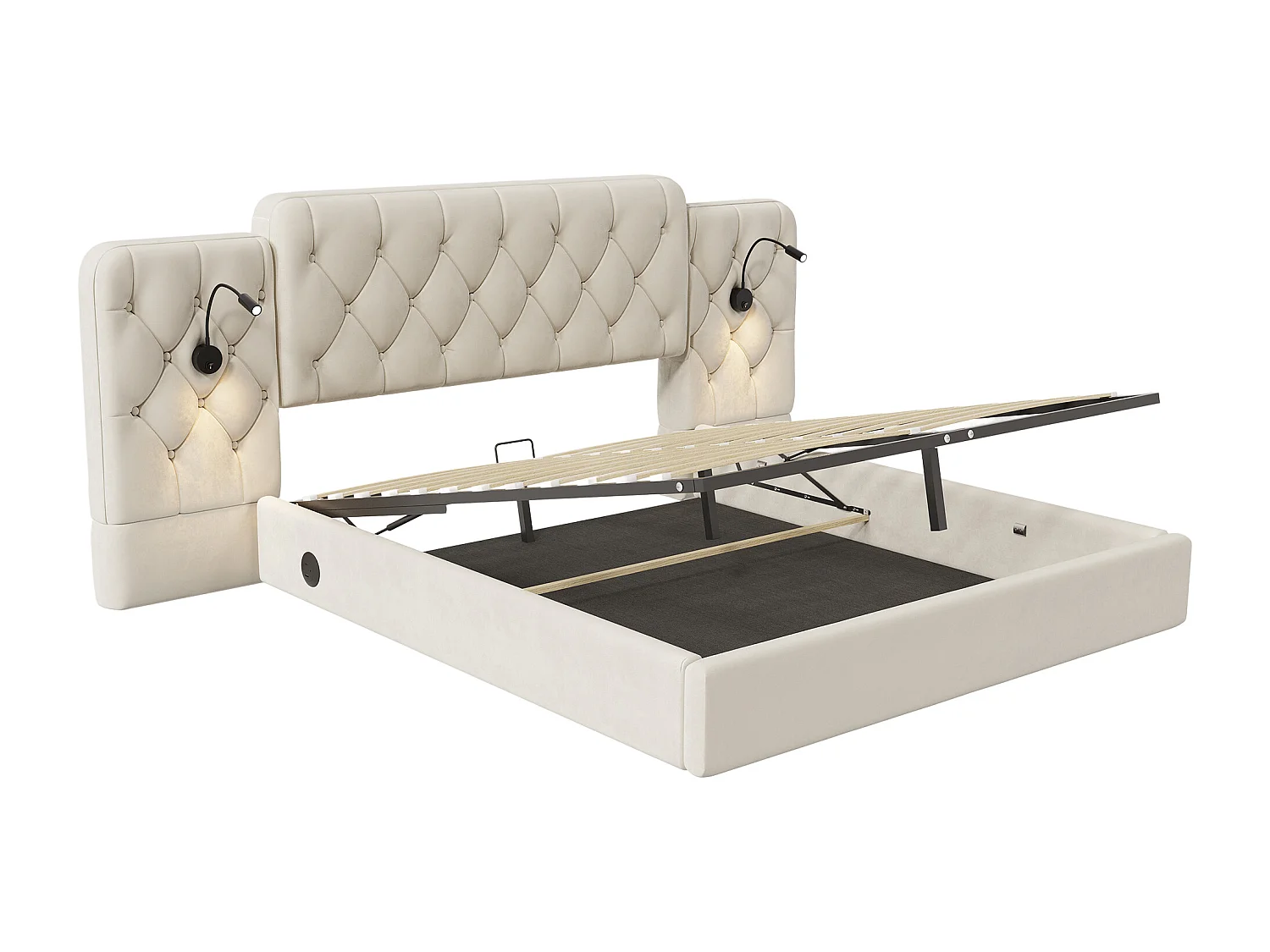 Lit coffre adulte 180x200cm avec deux côtés USB + liseuse, tête de lit élargie, sans matelas, velours, beige