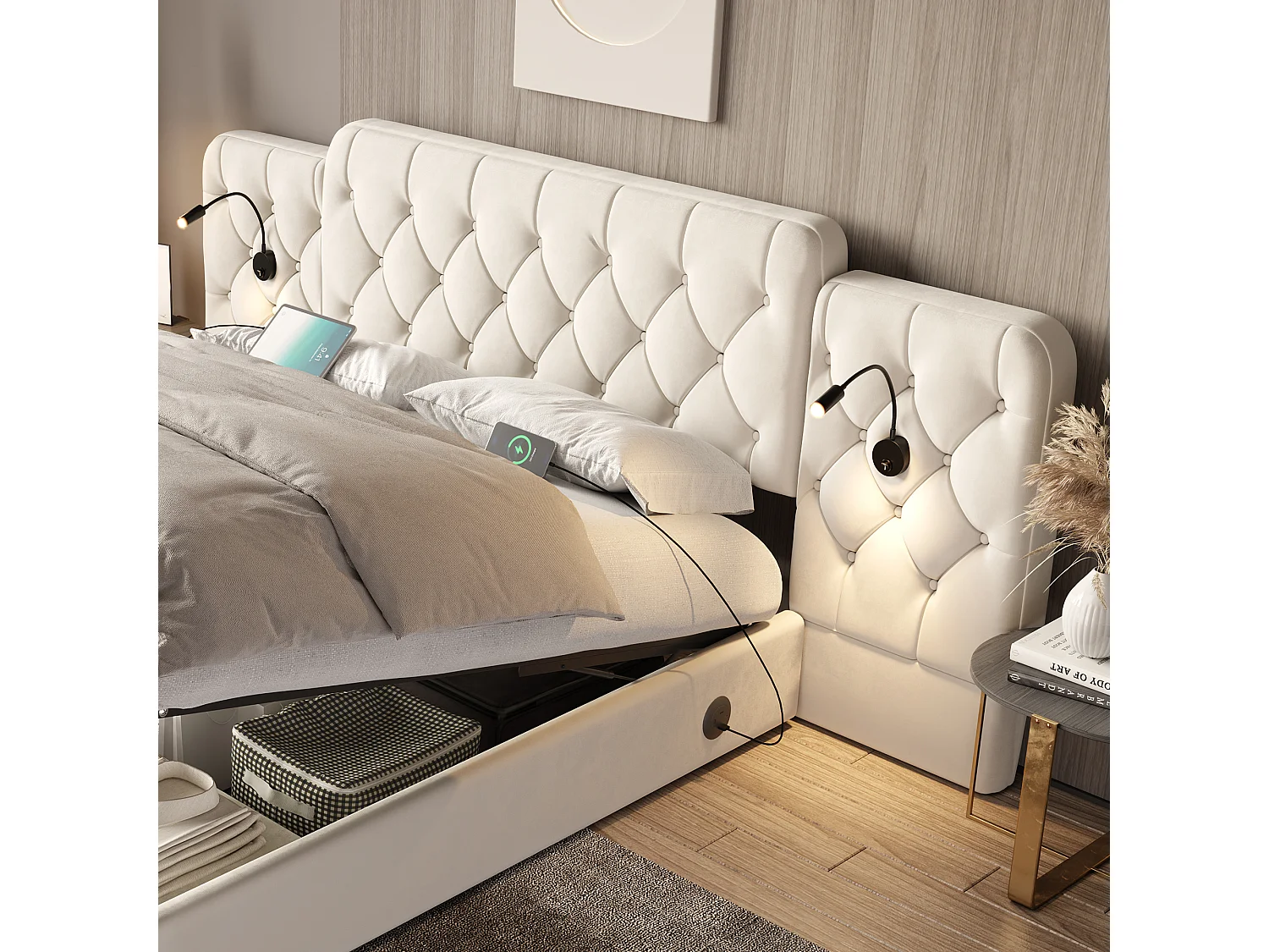Lit coffre adulte 180x200cm avec deux côtés USB + liseuse, tête de lit élargie, sans matelas, velours, beige