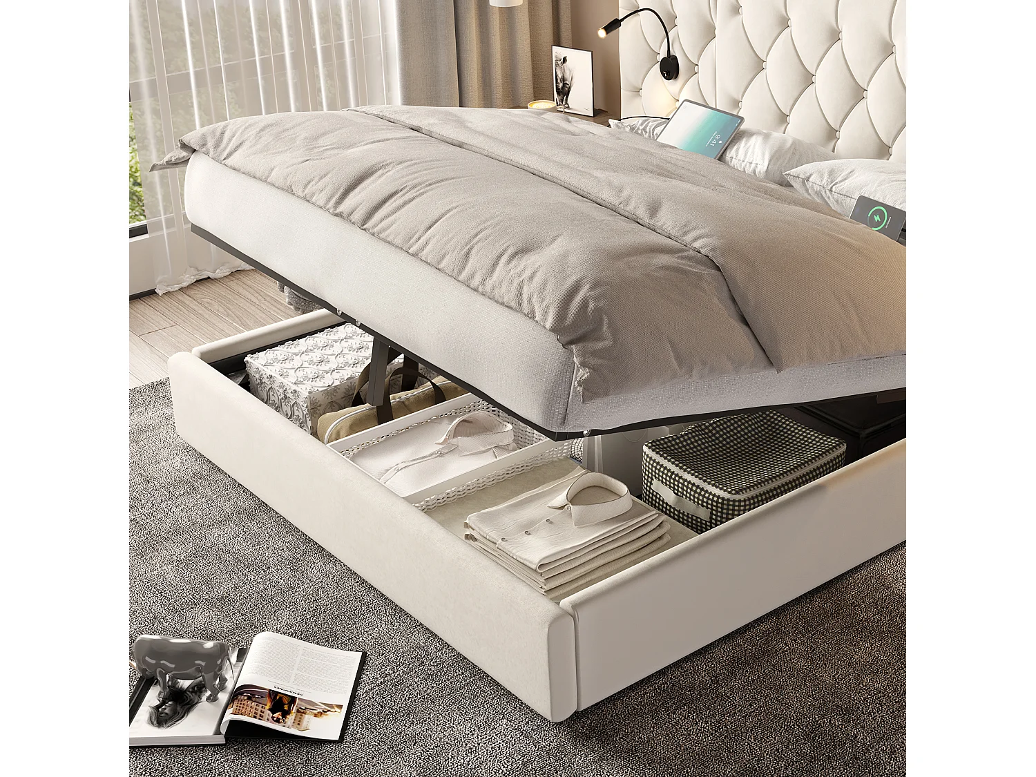 Lit coffre adulte 180x200cm avec deux côtés USB + liseuse, tête de lit élargie, sans matelas, velours, beige