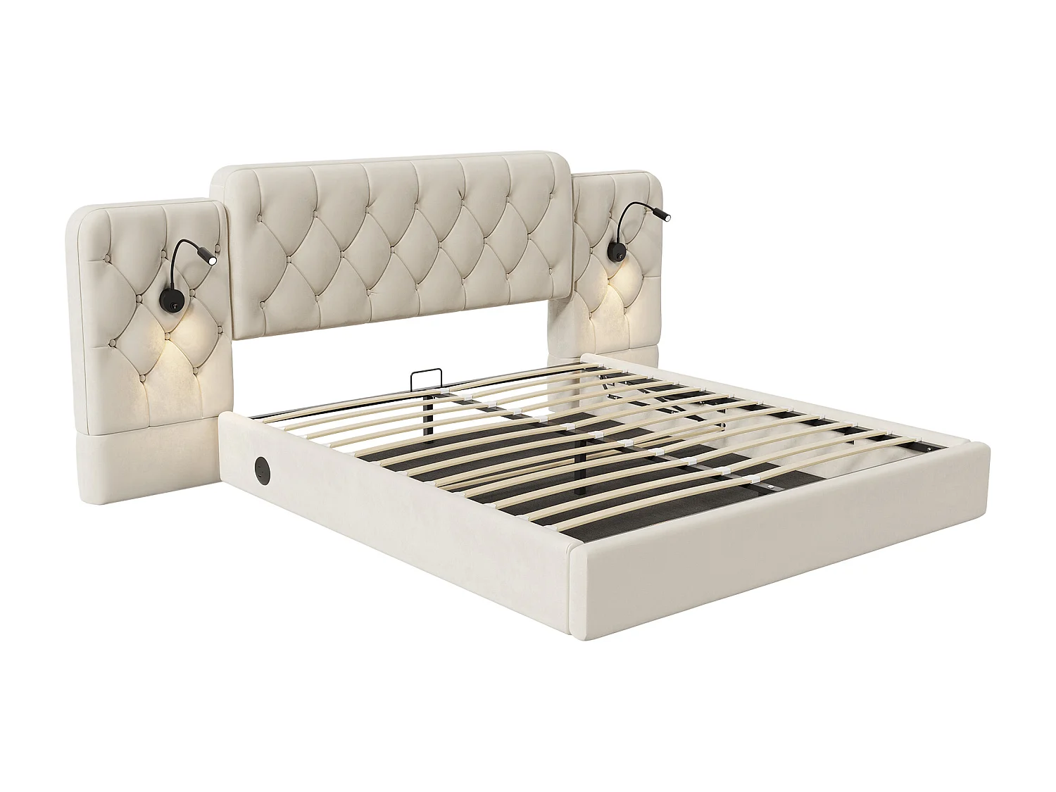 Lit coffre adulte 180x200cm avec deux côtés USB + liseuse, tête de lit élargie, sans matelas, velours, beige