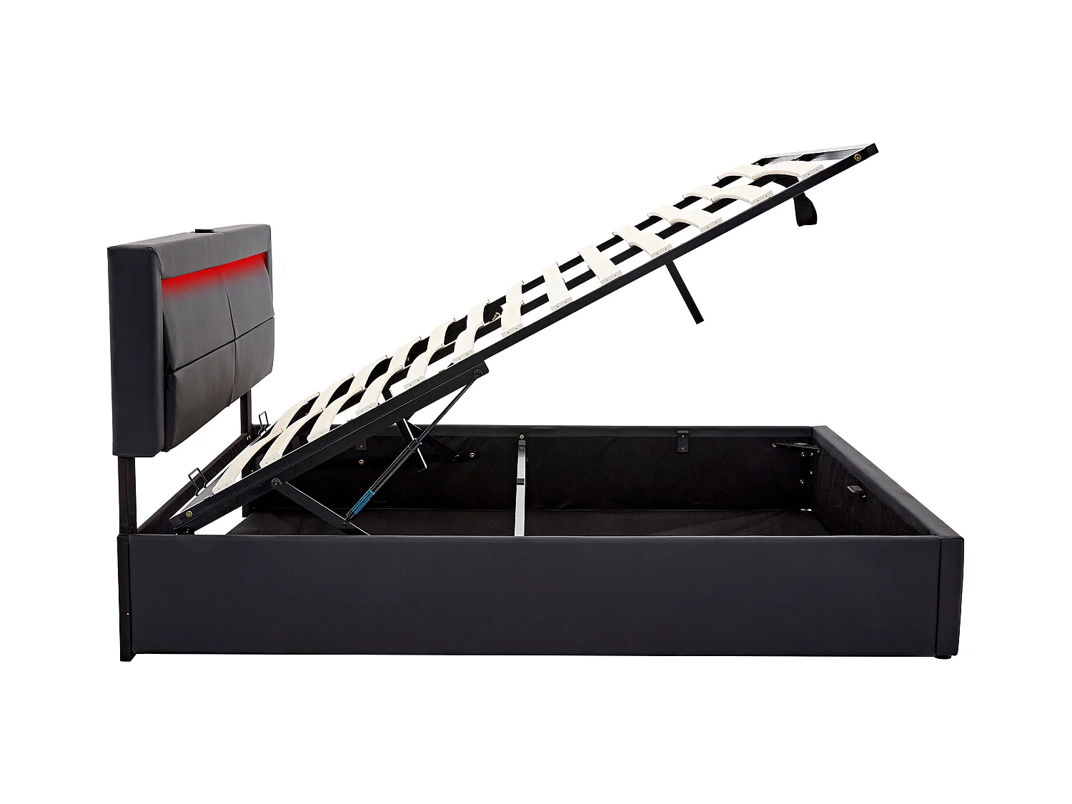 Lit coffre adulte 160x200 cm noir en pu avec port USB + LED, Sommier à lattes, sans matelas