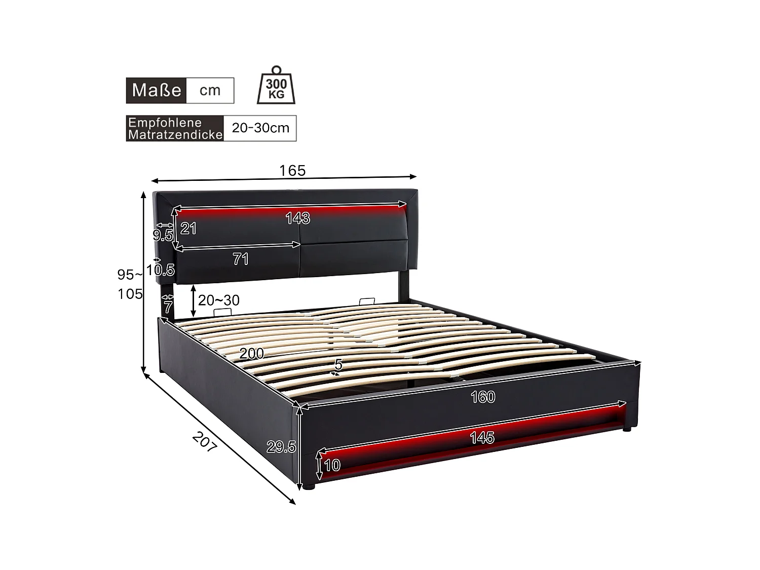 Lit coffre adulte 160x200 cm noir en pu avec port USB + LED, Sommier à lattes, sans matelas