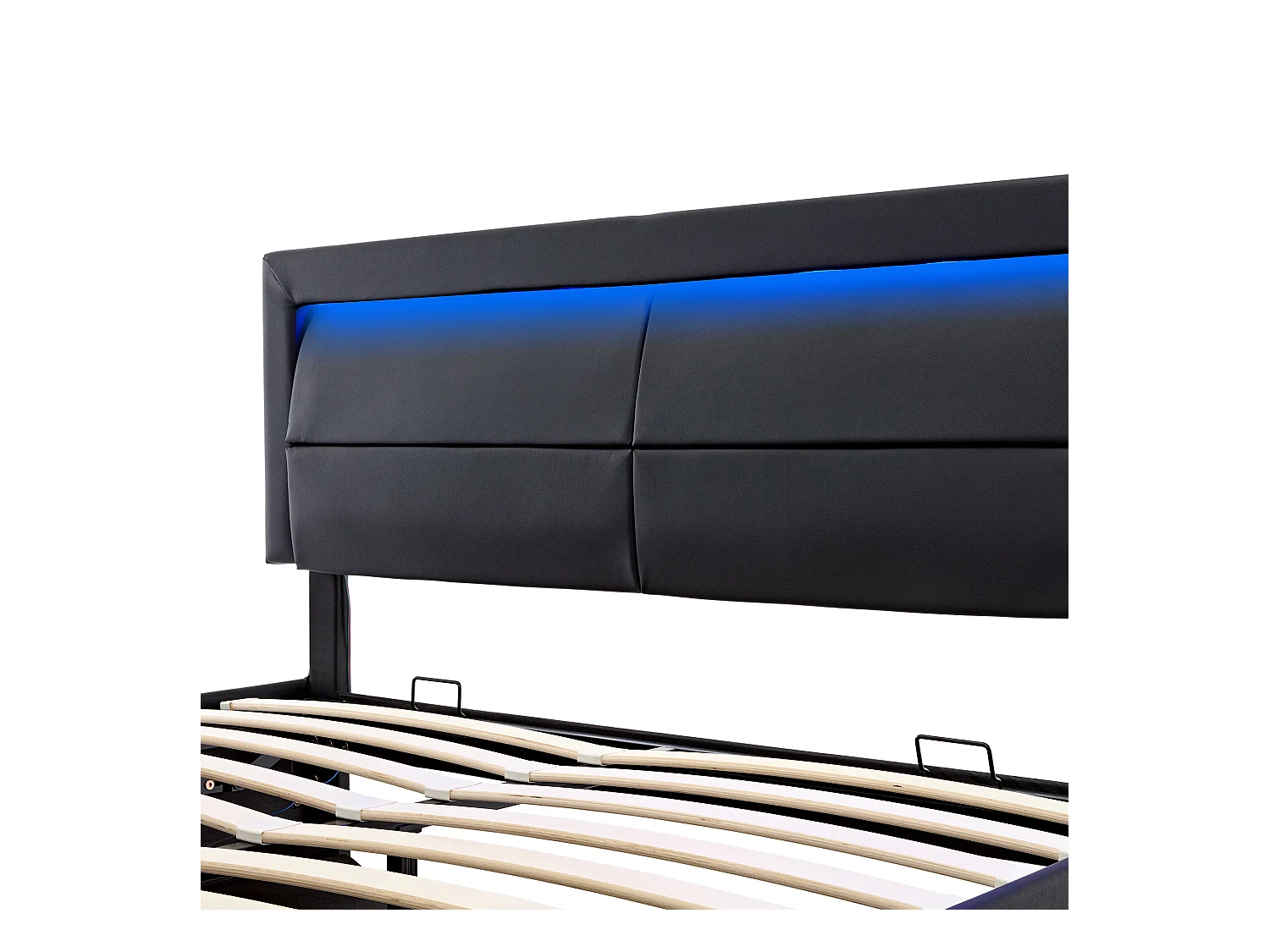 Lit coffre adulte 160x200 cm noir en pu avec port USB + LED, Sommier à lattes, sans matelas