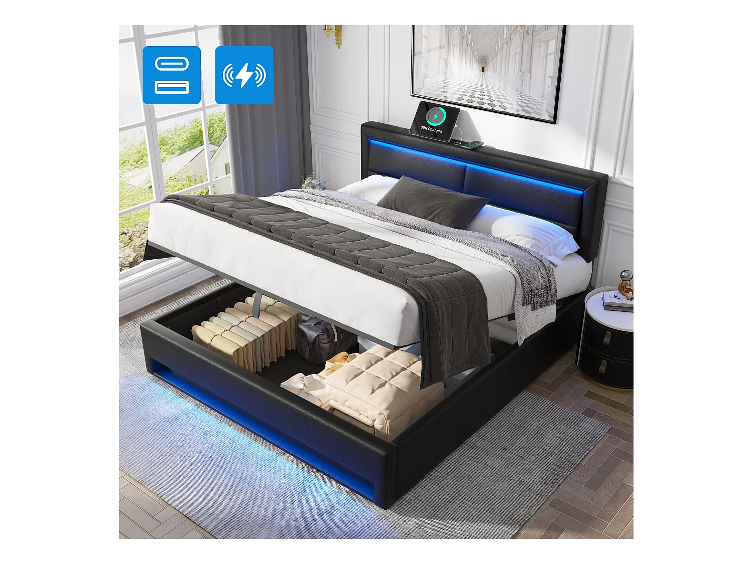 Lit coffre adulte 160x200 cm noir en pu avec port USB + LED, Sommier à lattes, sans matelas