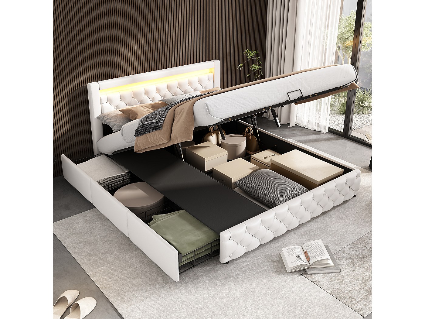 Idemon 90 x 200 cm, letto singolo, con due cassetti, con vano portaoggetti, colore: bianco