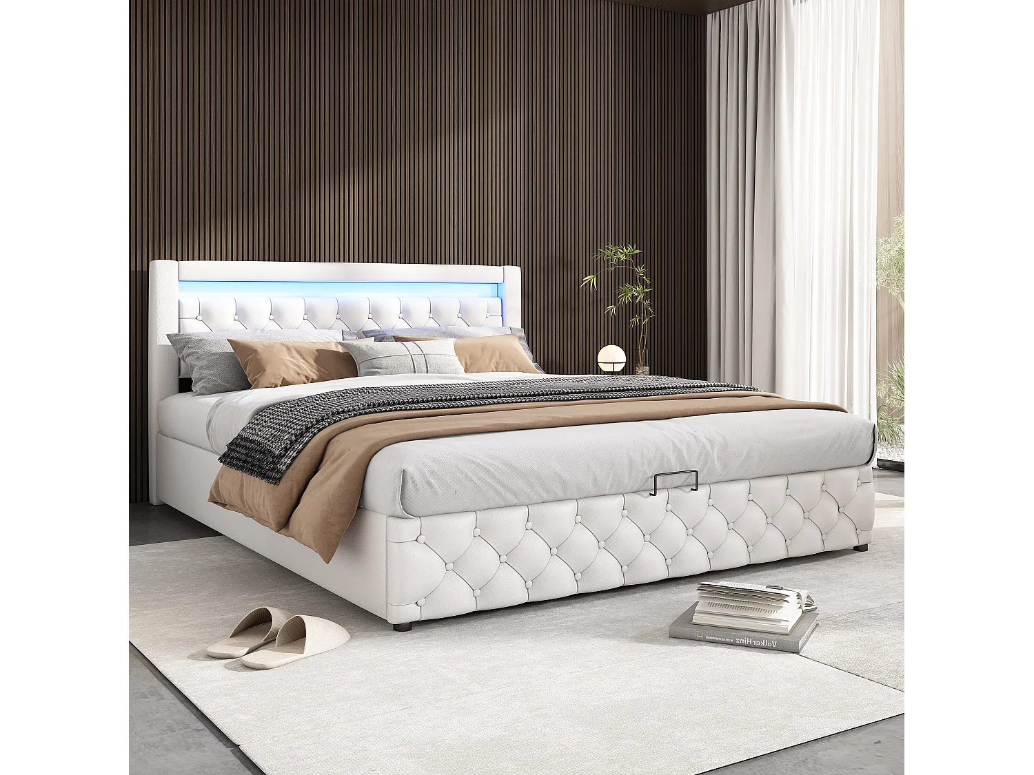 Lit coffre adulte 180x200 cm avec LED et tiroirs de rangement latéraux, PU, blanc, sans matelas