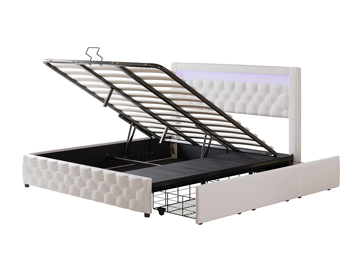 Lit coffre adulte 180x200 cm avec LED et tiroirs de rangement latéraux, PU, blanc, sans matelas
