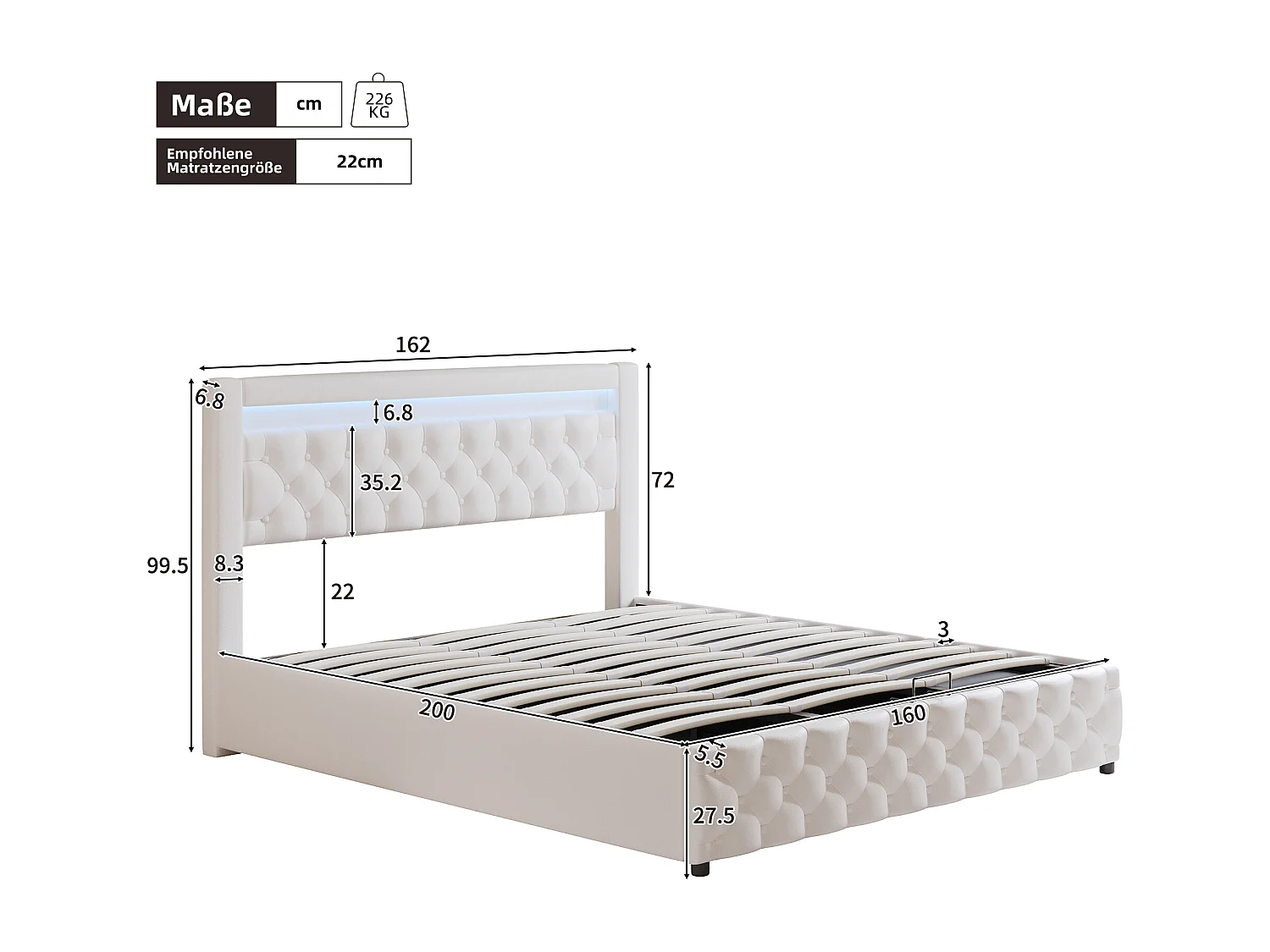 Lit coffre adulte 180x200 cm avec LED et tiroirs de rangement latéraux, PU, blanc, sans matelas
