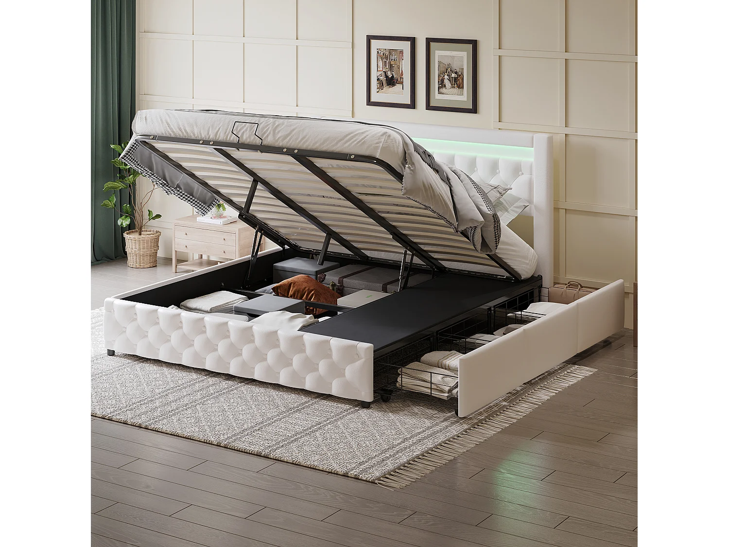 Lit coffre adulte 180x200 cm avec LED et tiroirs de rangement latéraux, PU, blanc, sans matelas