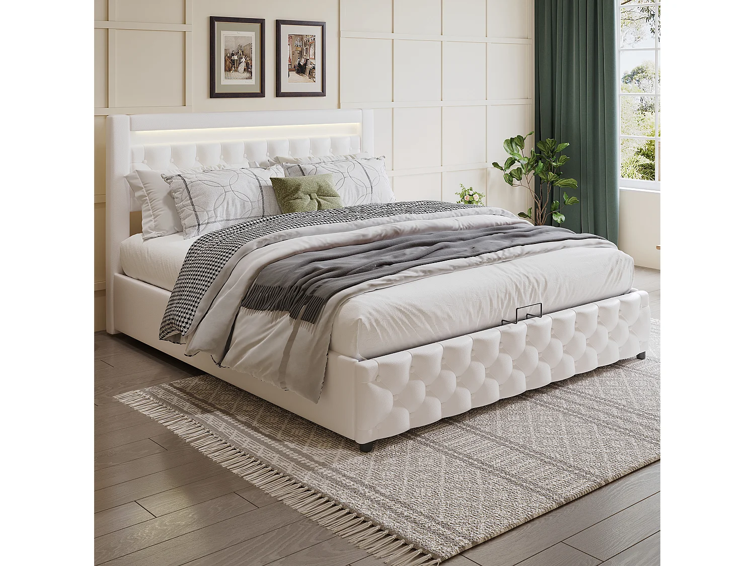 Lit coffre adulte 180x200 cm avec LED et tiroirs de rangement latéraux, PU, blanc, sans matelas