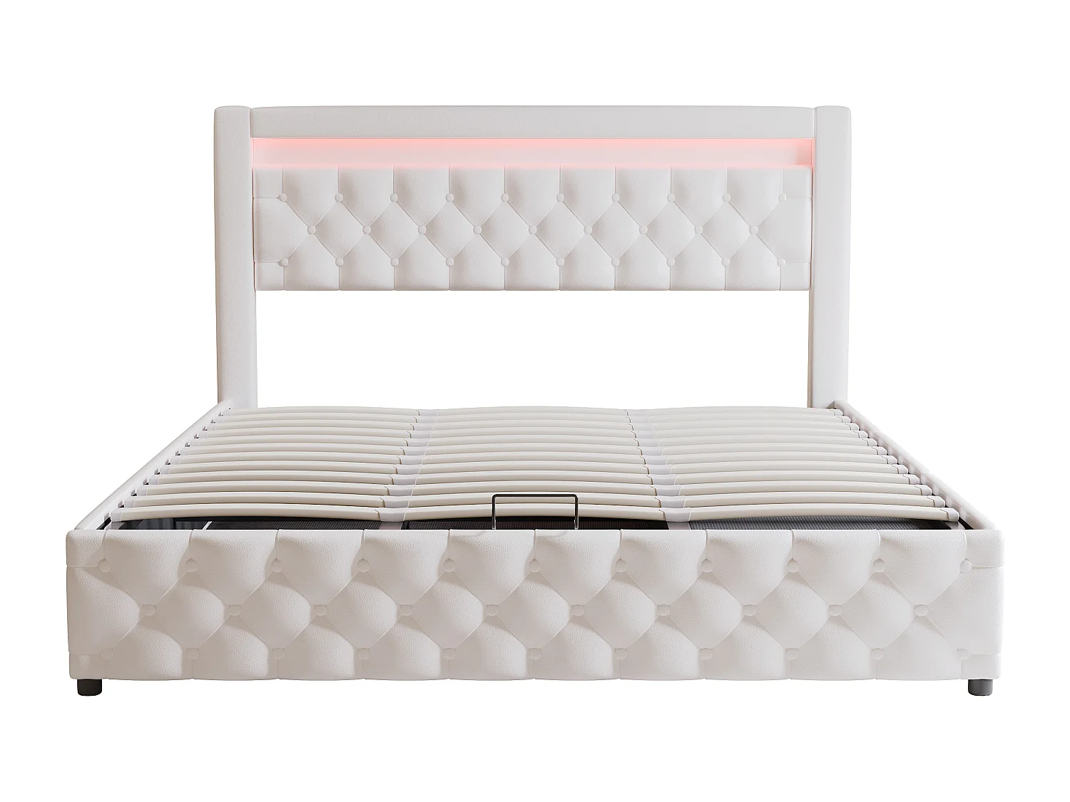 Lit coffre adulte 180x200 cm avec LED et tiroirs de rangement latéraux, PU, blanc, sans matelas