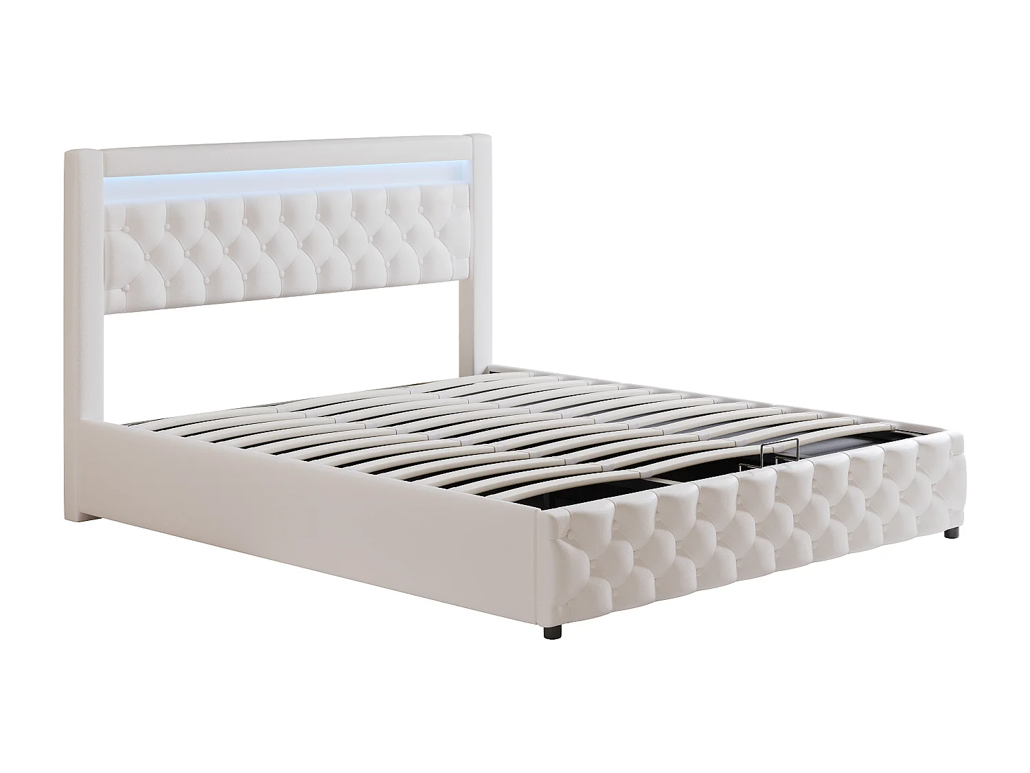 Lit coffre adulte 180x200 cm avec LED et tiroirs de rangement latéraux, PU, blanc, sans matelas