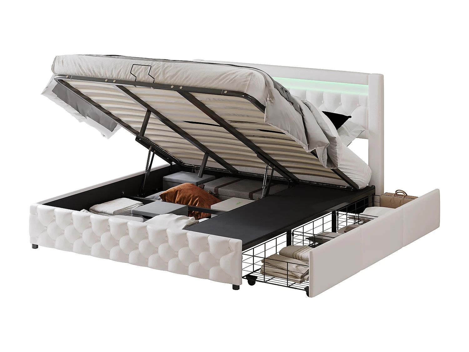 Lit coffre adulte 180x200 cm avec LED et tiroirs de rangement latéraux, PU, blanc, sans matelas