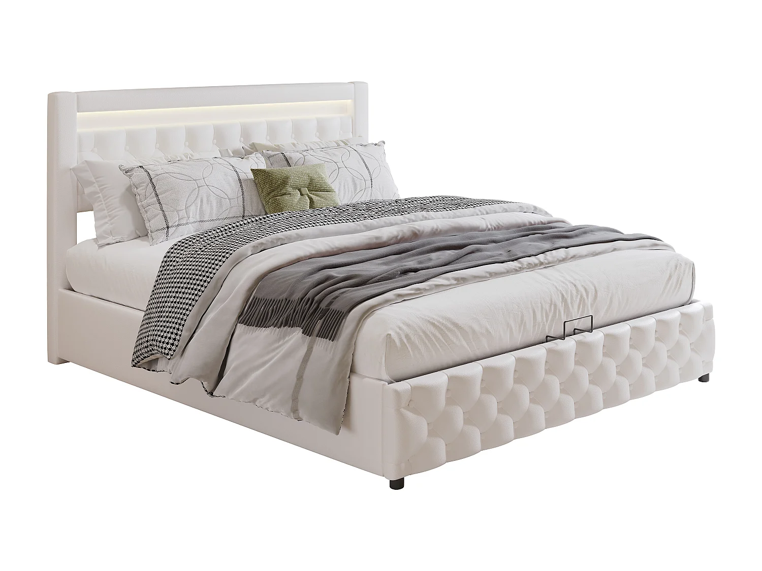 Lit coffre adulte 180x200 cm avec LED et tiroirs de rangement latéraux, PU, blanc, sans matelas