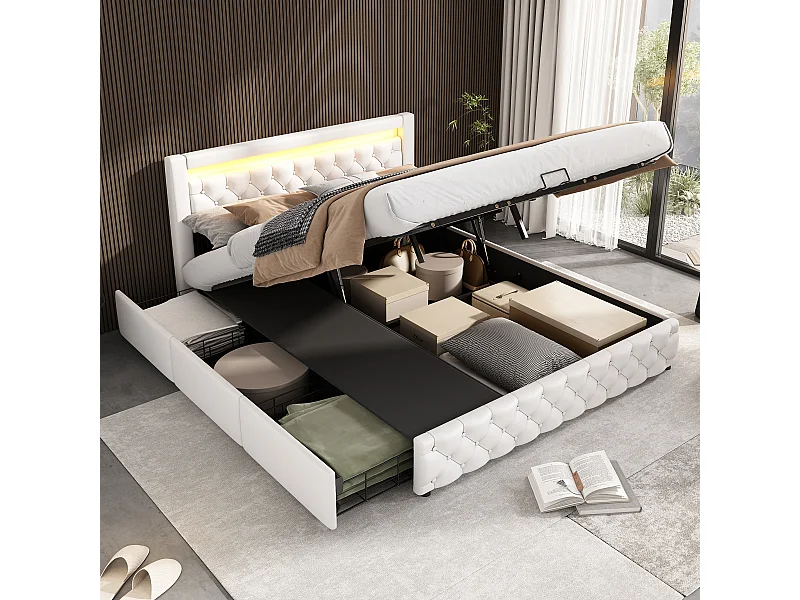 Lit coffre adulte 180x200 cm avec LED et tiroirs de rangement latéraux, PU, blanc, sans matelas