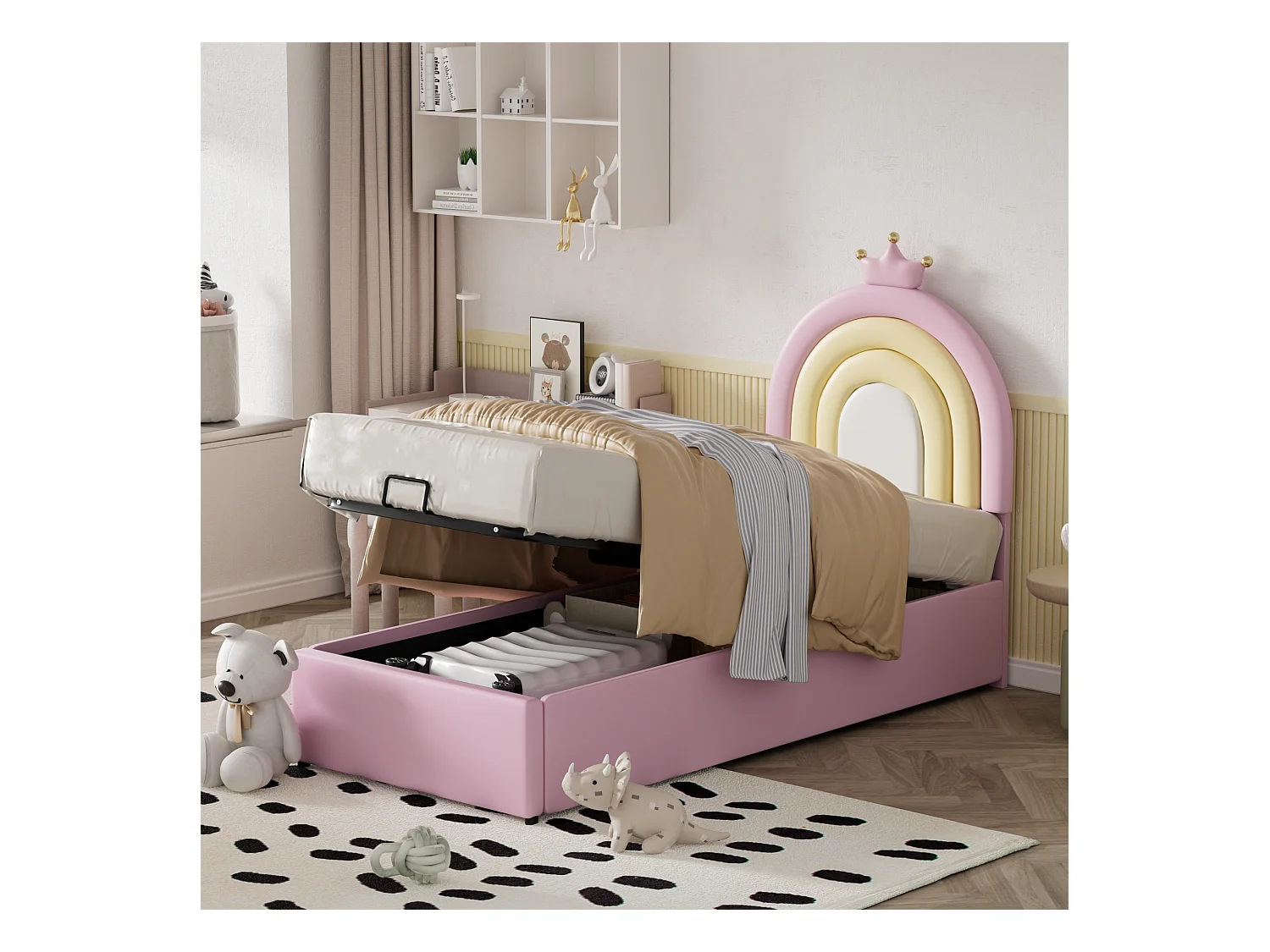 Cama com arrumação infantil 90x200 cm rosa em pele sintética, cabeceira ajustável, estrado de ripas, sem colchão